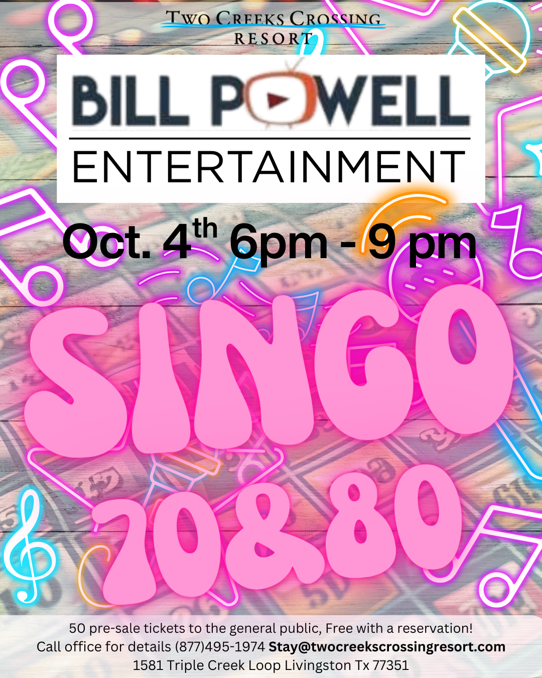 Bill Powell Entertainment event at Two Creeks Crossing Resort, Oct 4, 6-9 pm, featuring Singo 70 & 80 music theme.