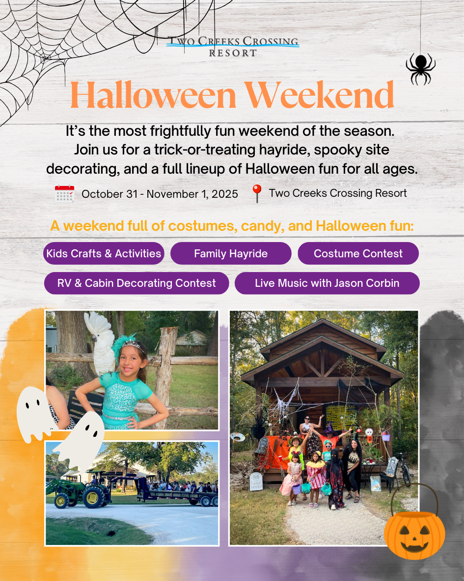 Halloween Weekend at Two Creeks Crossing: hayride, costumes, live music, crafts, contests. Family fun October 31 - Nov 1, 2025.