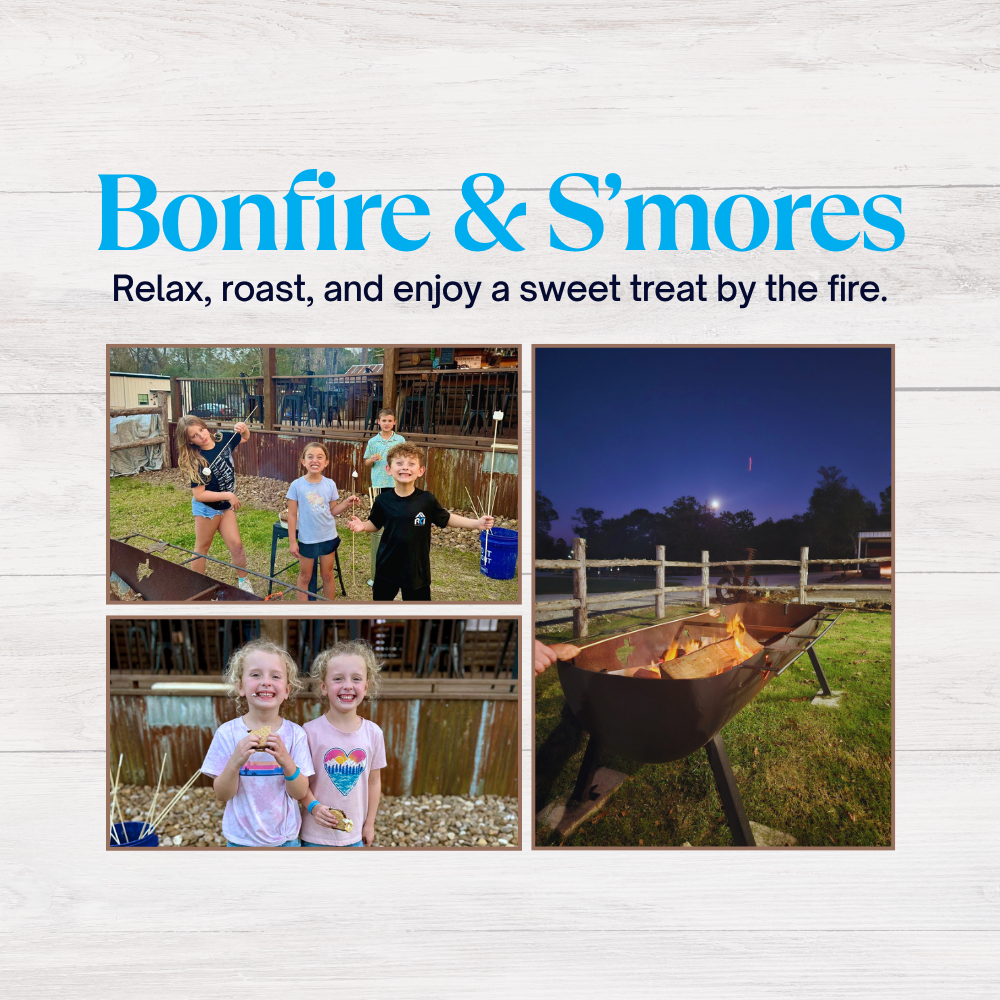 Kids enjoying a bonfire and roasting marshmallows for s'mores under a night sky.
