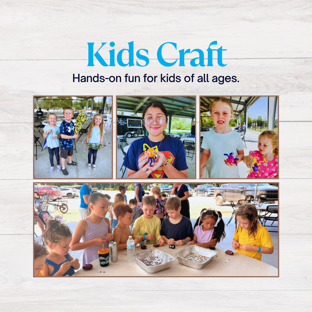 Children enjoying outdoor craft activities, displaying their handmade creations at a kids' craft event.
