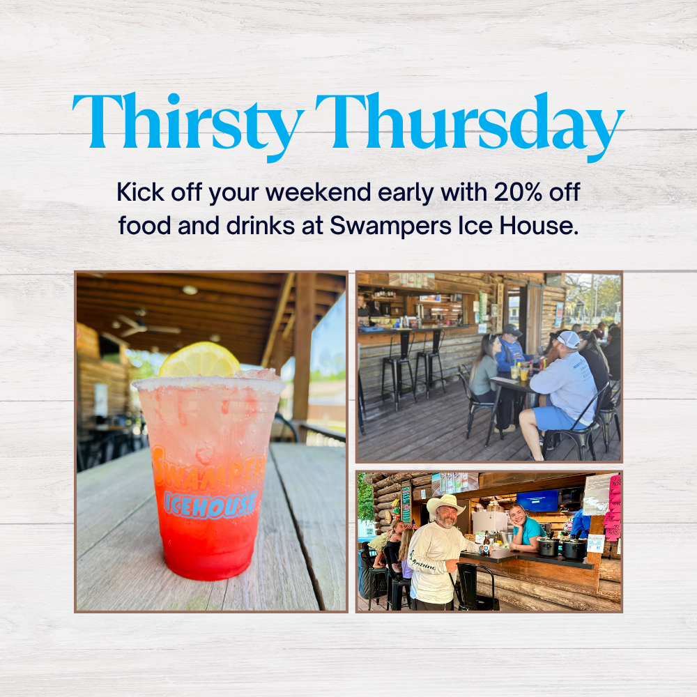 Enjoy Thirsty Thursday at Swampers Ice House with 20% off drinks and food in a lively patio setting.