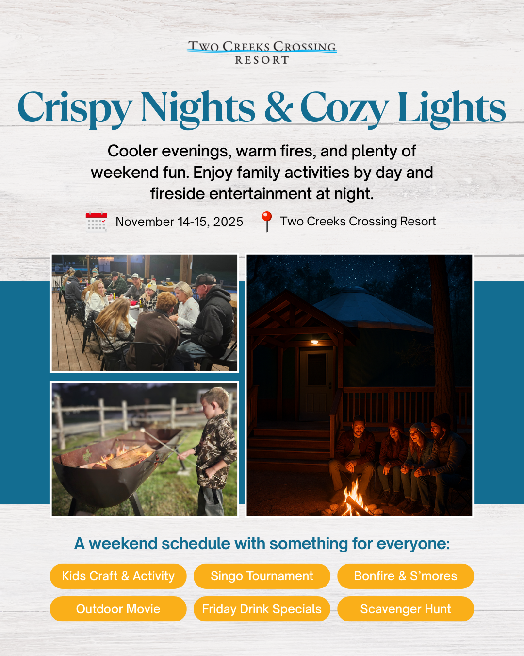 Cozy fall event at Two Creeks Crossing Resort: bonfire, crafts, outdoor movie, Nov 14-15, 2025. Family-friendly activities.