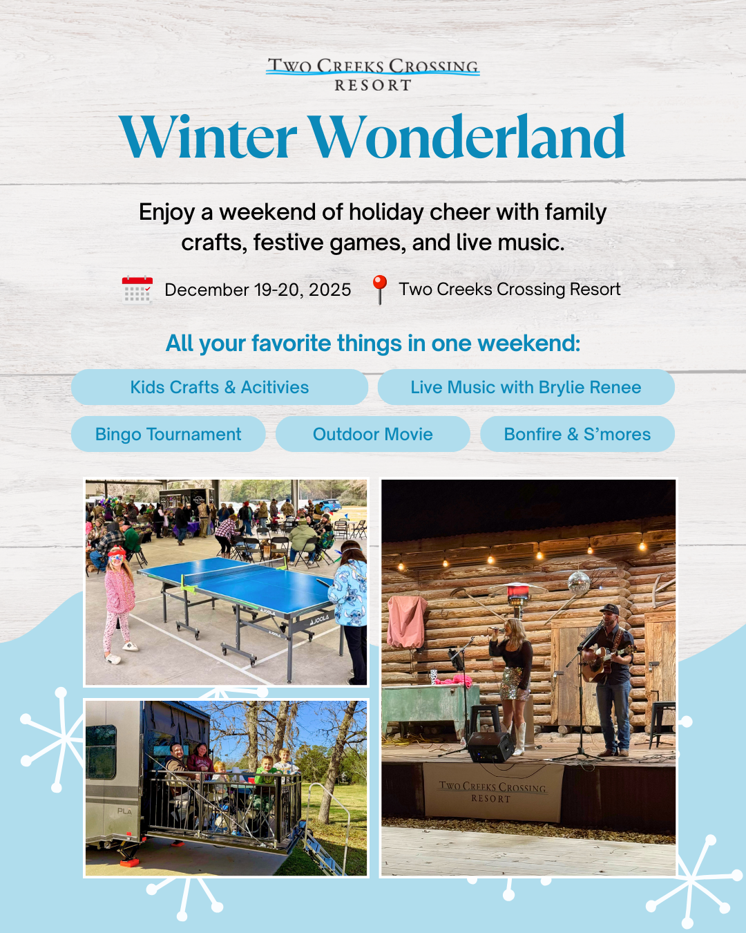 Two Creeks Crossing Winter Wonderland: crafts, games, live music, December 19-20, 2025. Family-friendly holiday event.
