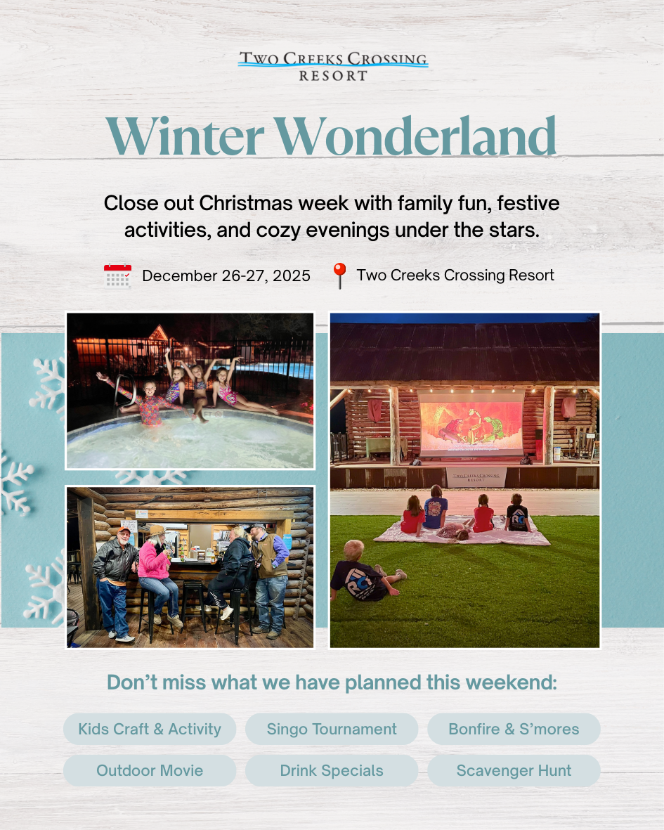 Winter Wonderland event poster at Two Creeks Crossing Resort with festive activities: crafts, singo, bonfire, movies, scavenger hunt.