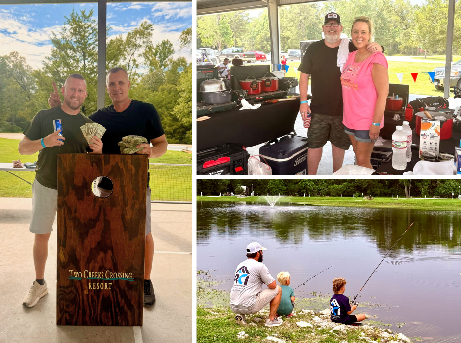 people enjoying outdoor activities at two creeks crossing resort cornhole game camp cooking and family fishing
