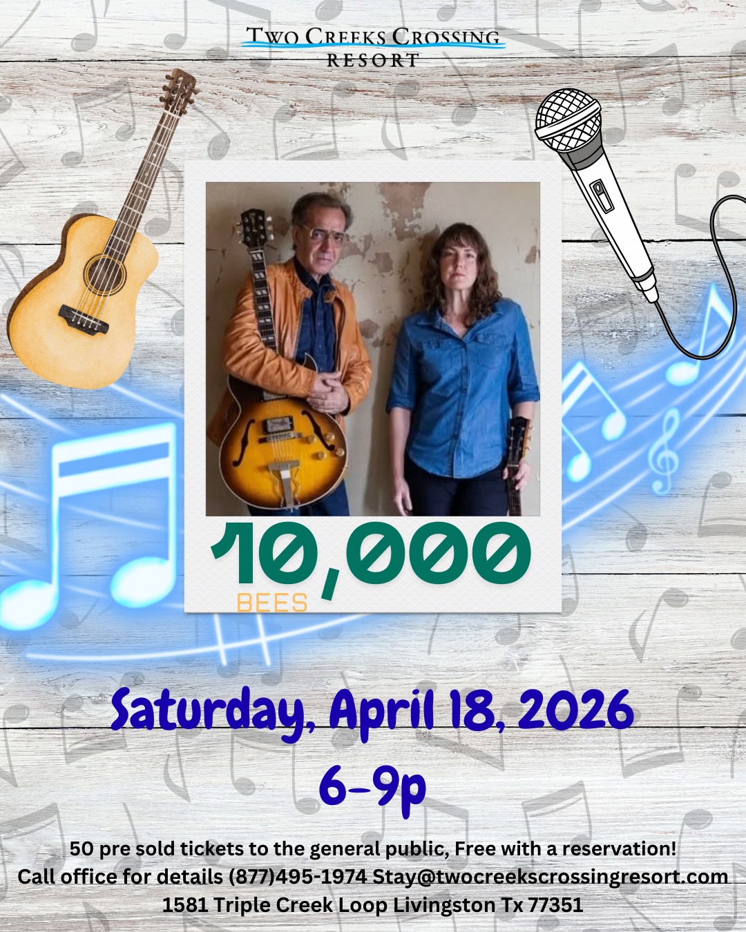 Live music event at Two Creeks Crossing Resort, featuring band 10,000 Bees, April 18, 2026, 6-9pm.