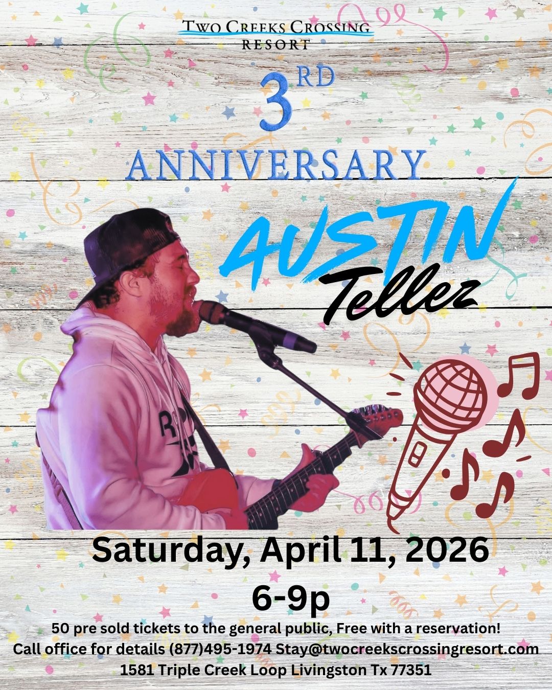Austin Tellez live at Two Creeks Crossing Resort's 3rd Anniversary on April 11, 2026, 6-9PM.
