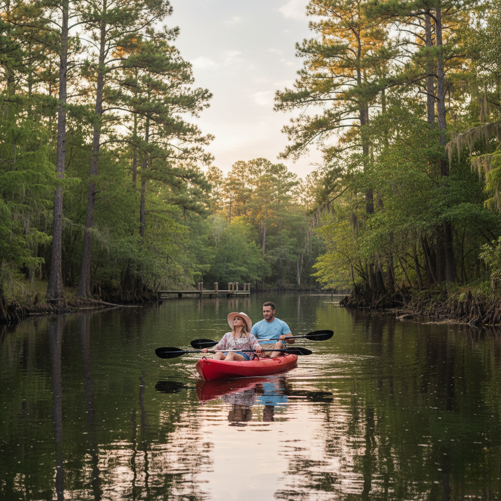 couple kayaking on serene river among lush green trees outdoor adventure nature exploration eco tourism peaceful setting