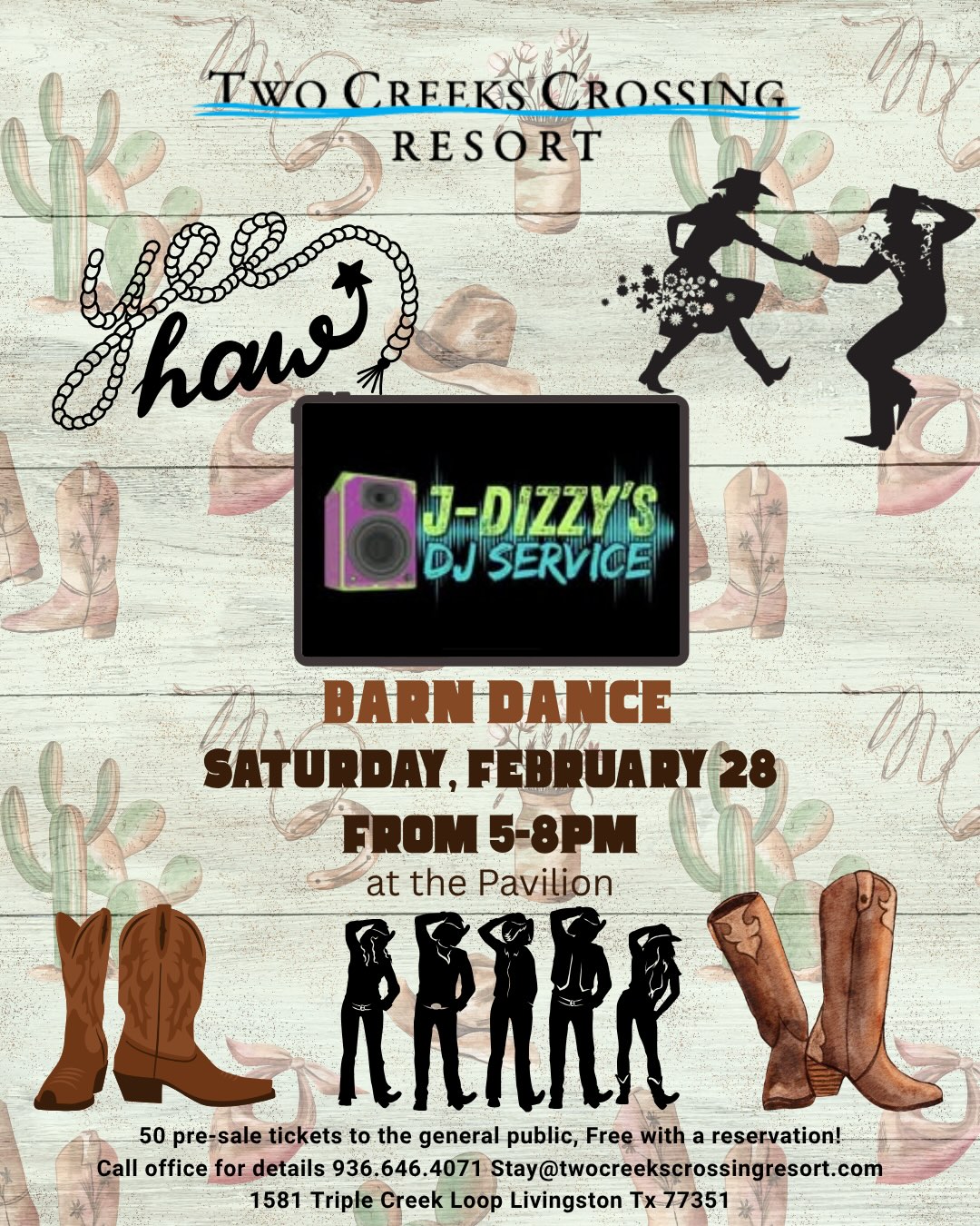 Barn dance flyer: Two Creeks Crossing Resort event, February 28, 5-8 PM, DJ, dancing, boots, reservation info included.