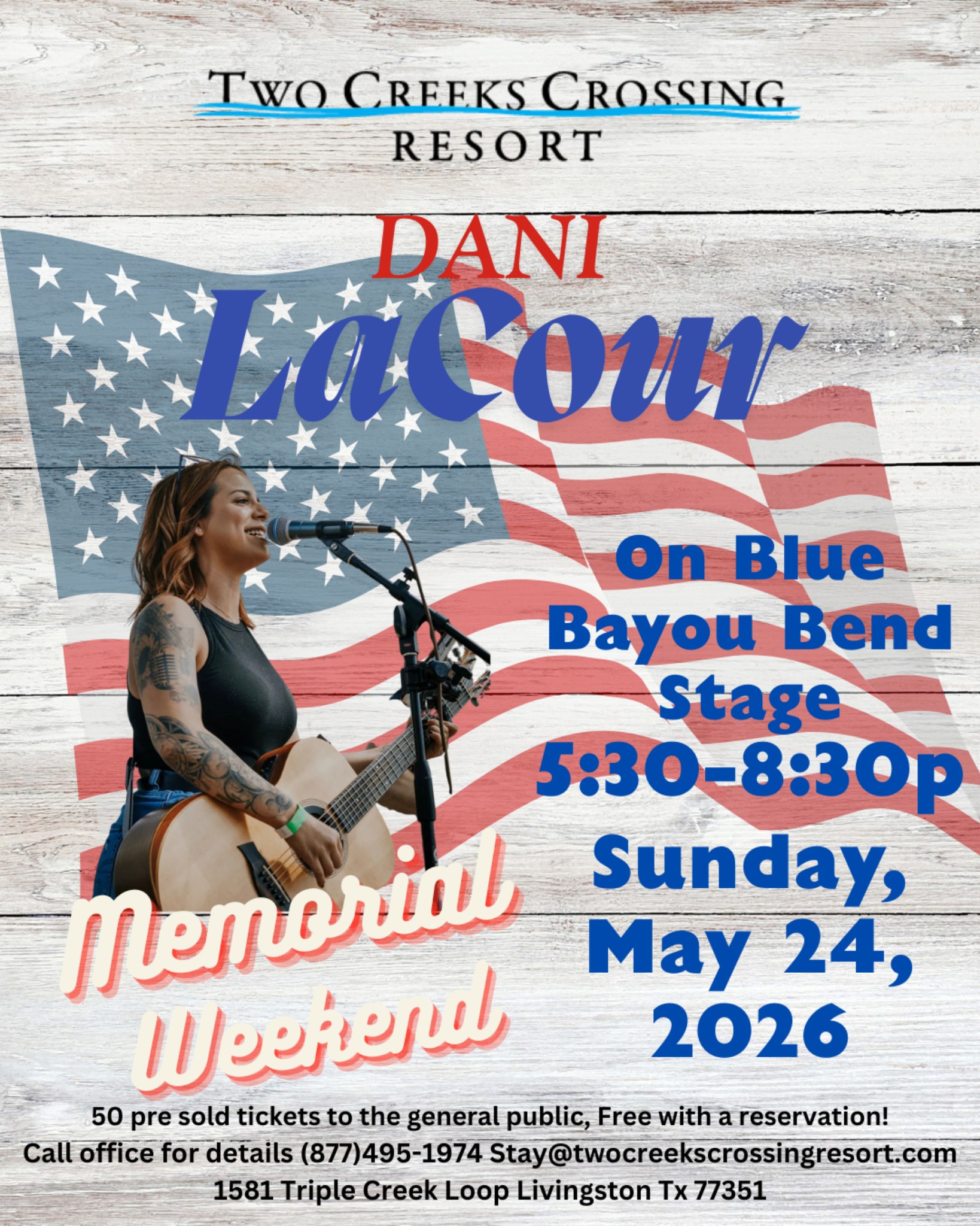 Dani LaCour 52426 Memorial Weekend Concert at Two Creeks Crossing Resort with Dani LaCour, May 24, 2026, 5:30-8:30 PM.