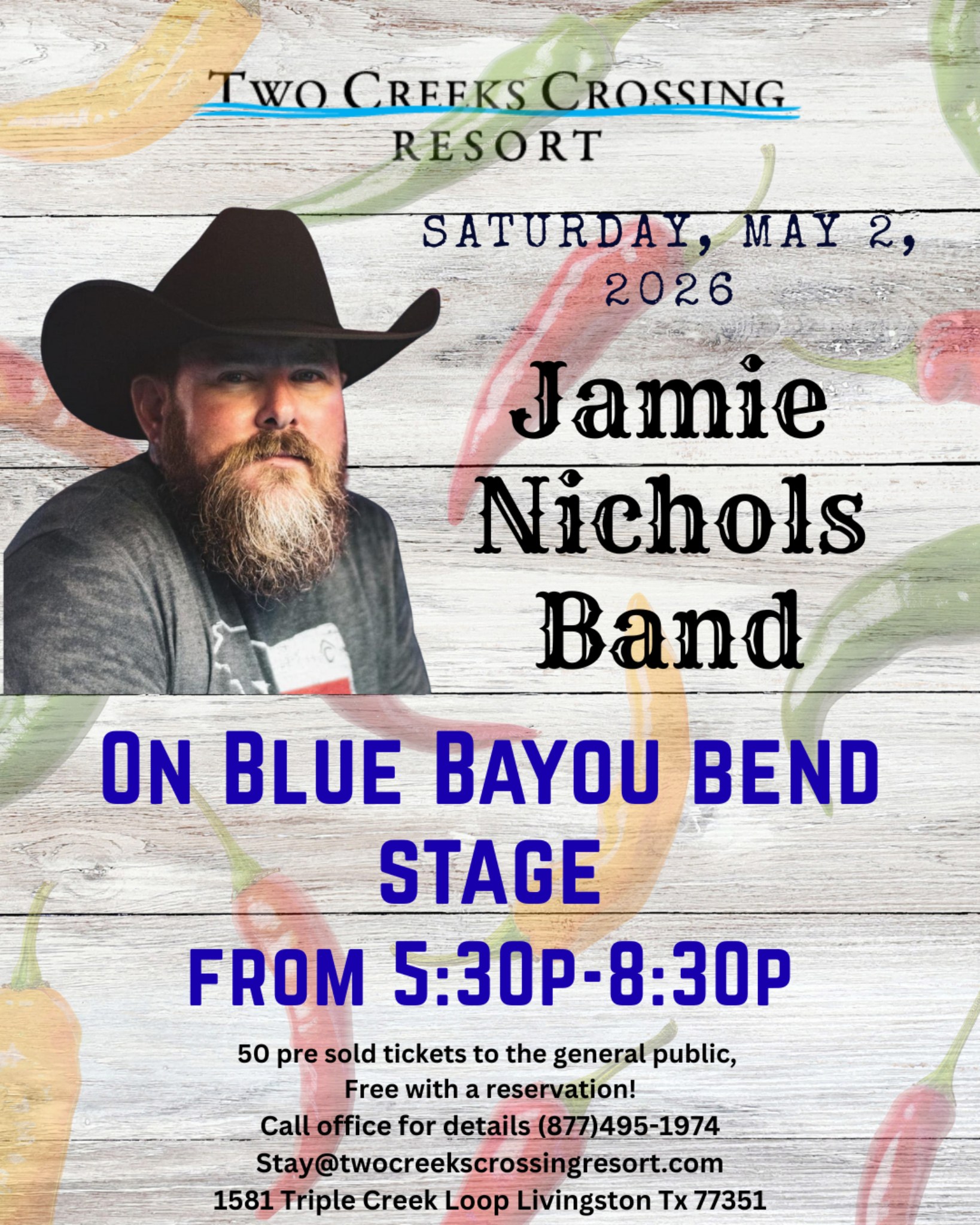 Live music at Two Creeks Crossing Resort, Jamie Nichols Band, May 2, 2026, Blue Bayou Bend Stage, 5:30-8:30 PM.