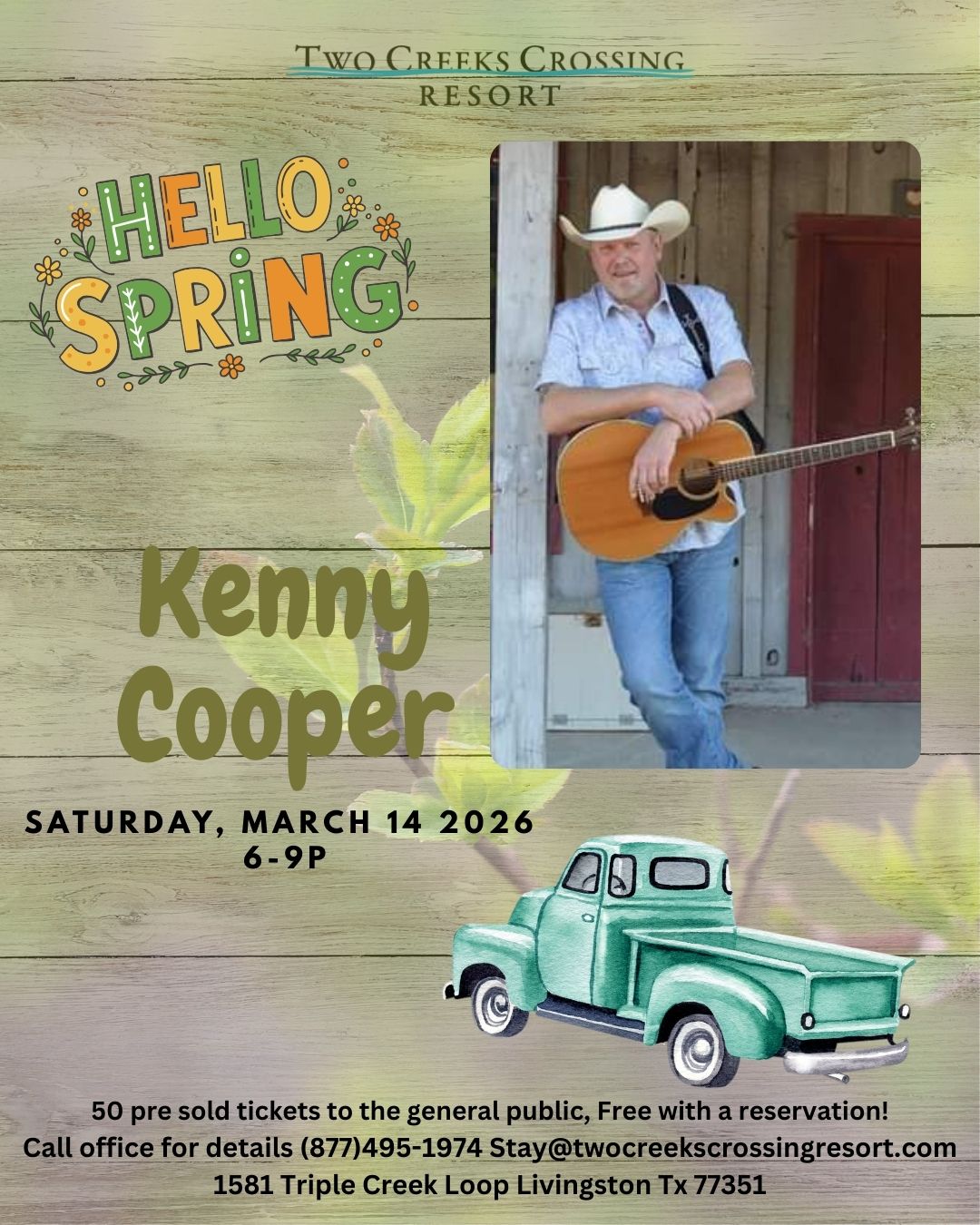 Kenny Cooper live at Two Creeks Crossing Resort, March 14, 2026, 6-9 PM. Tickets available!