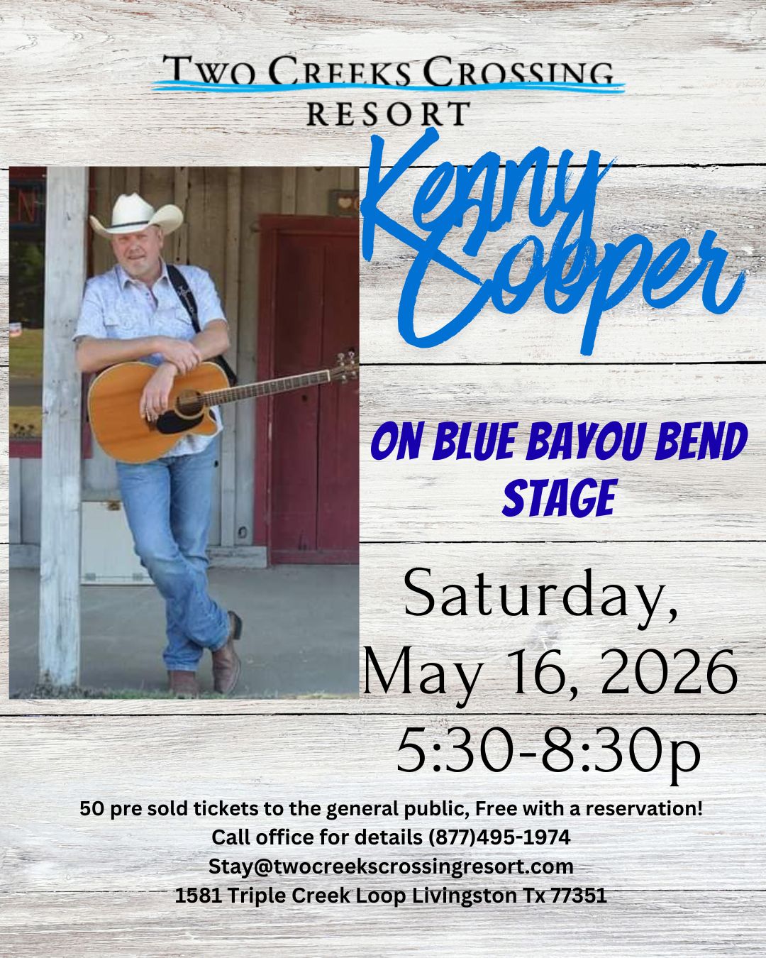 Kenny Cooper live at Two Creeks Crossing Resort, May 16, 2026, Blue Bayou Bend Stage.