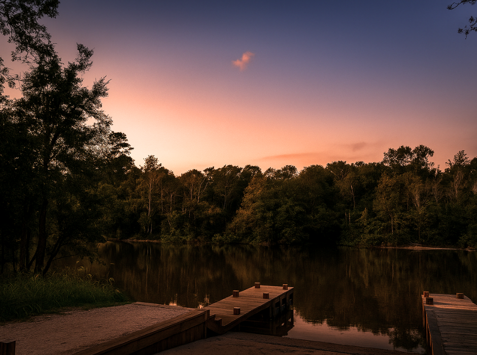 sunset over tranquil lake with wooden dock surrounded by lush forest reflecting vibrant sky colors serene nature scenery
