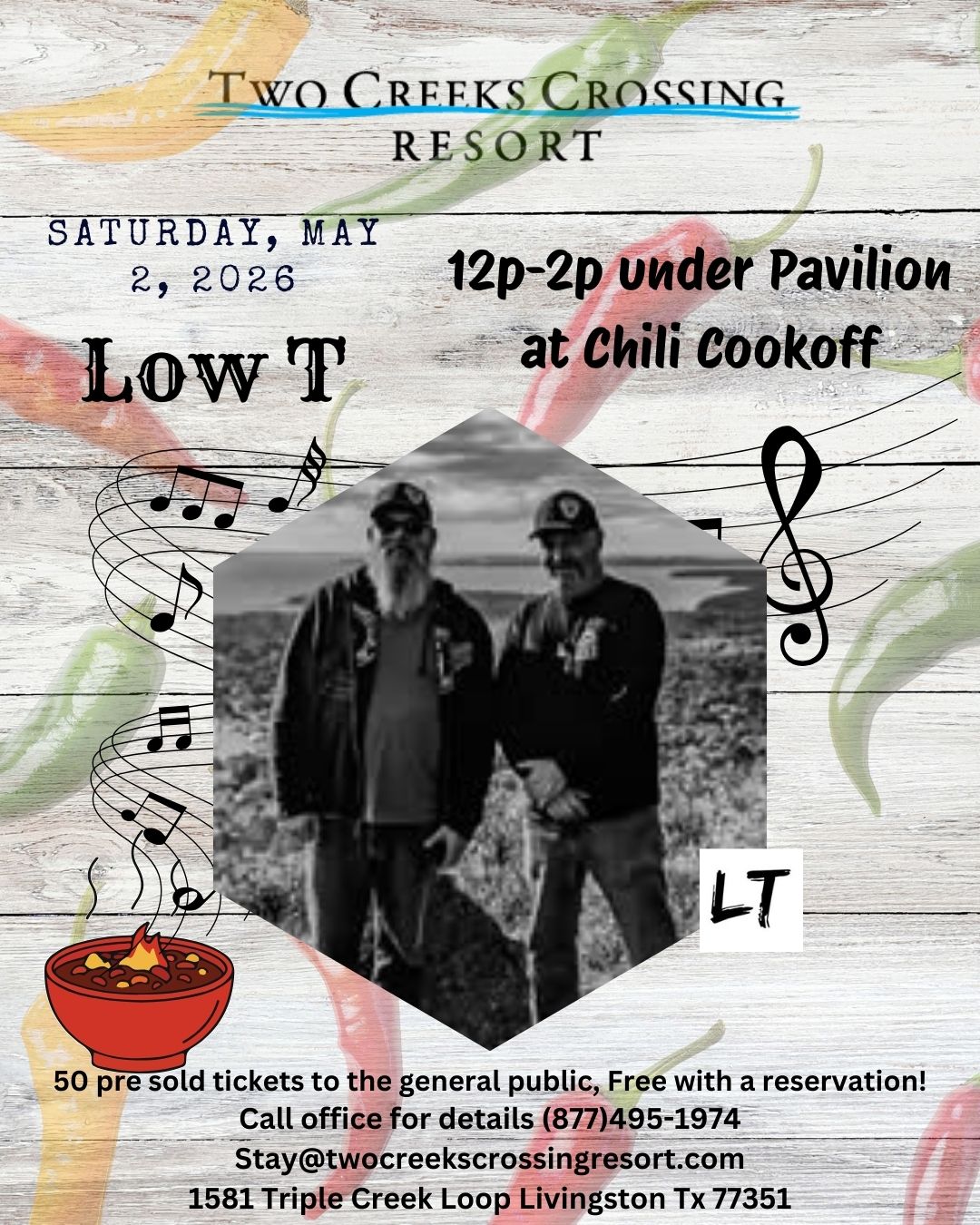 Chili Cookoff event at Two Creeks Crossing Resort, Livingston TX, featuring live music by Low T on May 2, 2026.