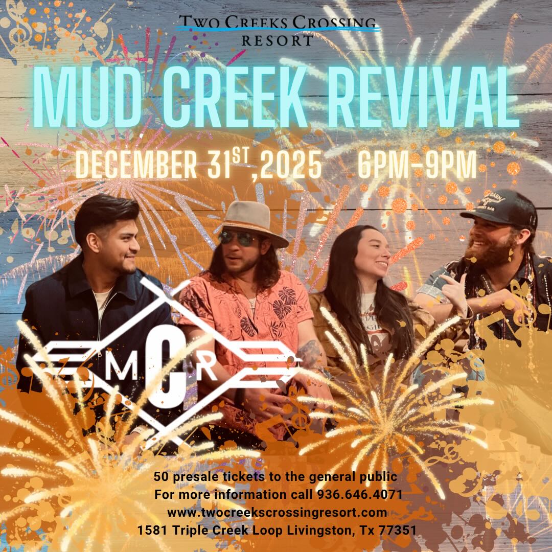 Mud Creek Revival concert at Two Creeks Crossing Resort, December 31, 2025, 6-9 PM, festive fireworks background.