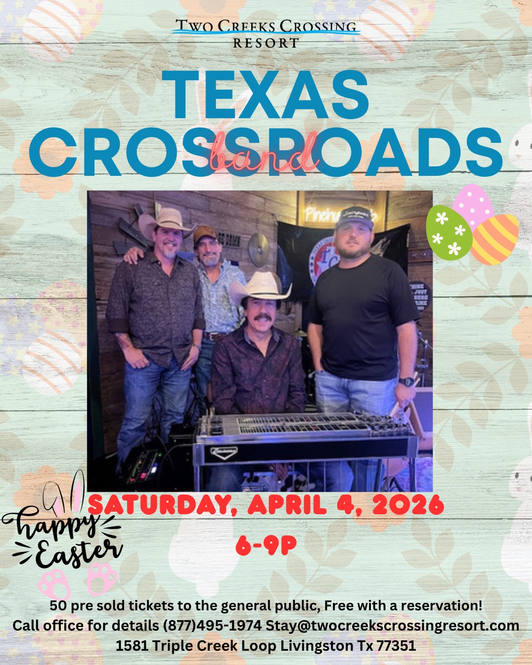 Texas Crossroads Band live at Two Creeks Crossing, April 4, 2026, 6-9 PM. Free with reservation!