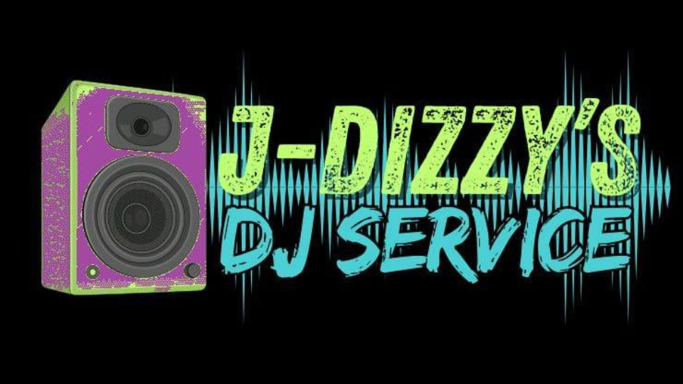 Colorful speaker logo for J-Dizzy's DJ Service with soundwave design.