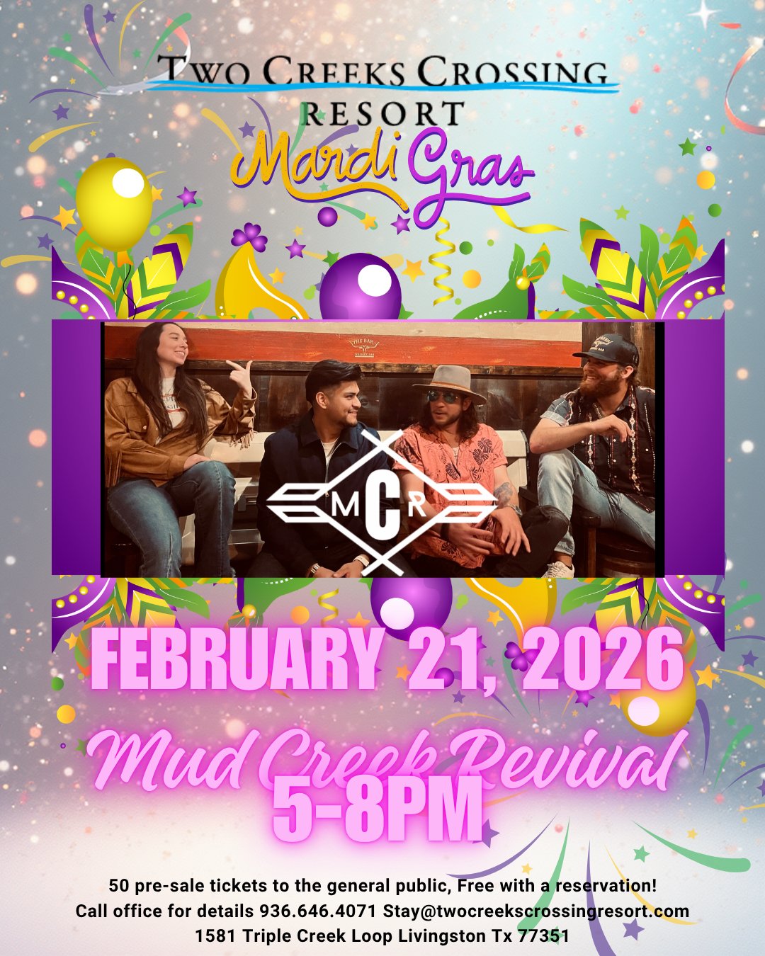 Live music event at Two Creeks Crossing Resort, Mardi Gras theme, February 21, 2026, Mud Creek Revival, 5-8 PM.