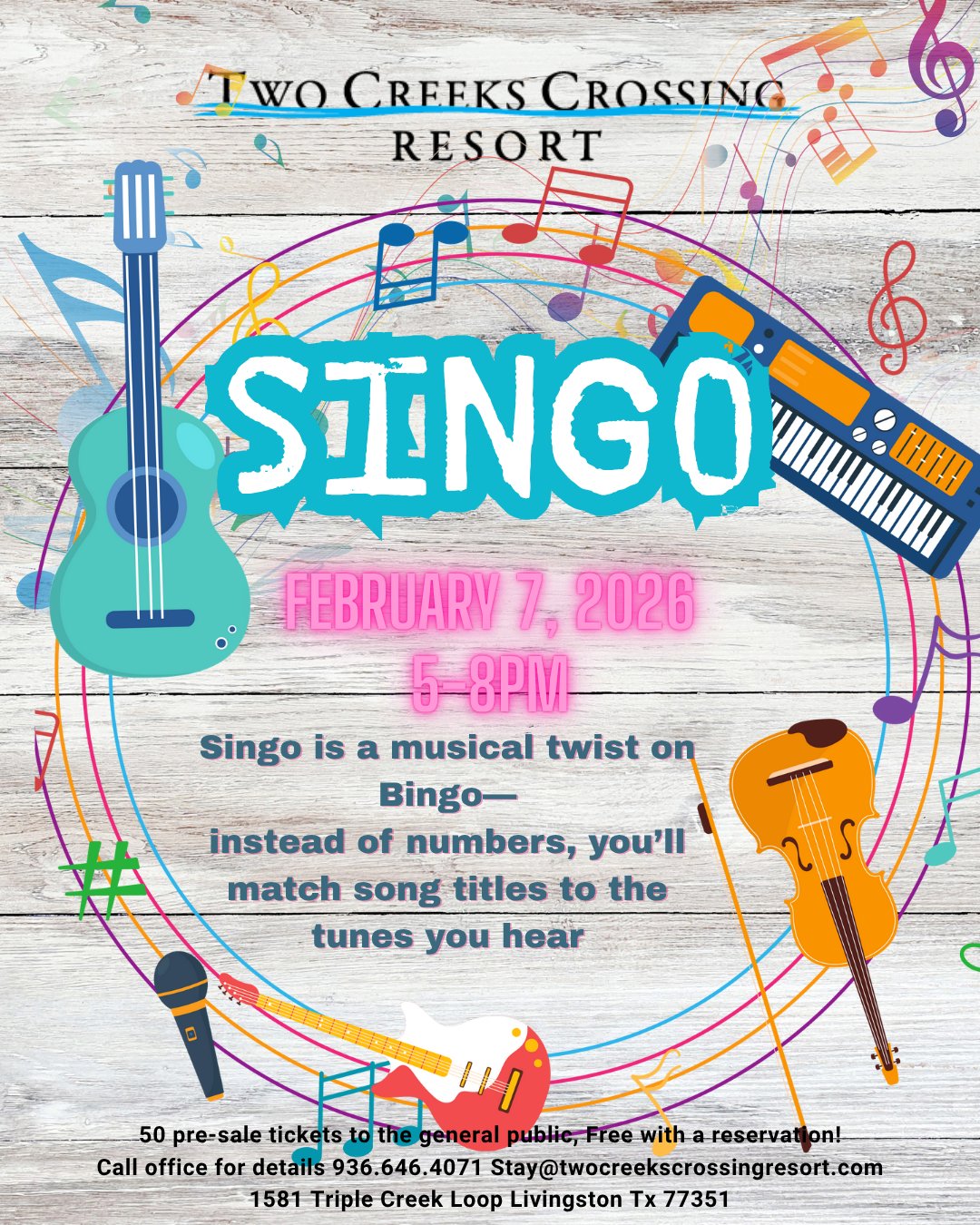 Singo Music Event at Two Creeks Crossing Resort, Feb 7, 2026. Musical bingo with song title matching. 5-8 PM.