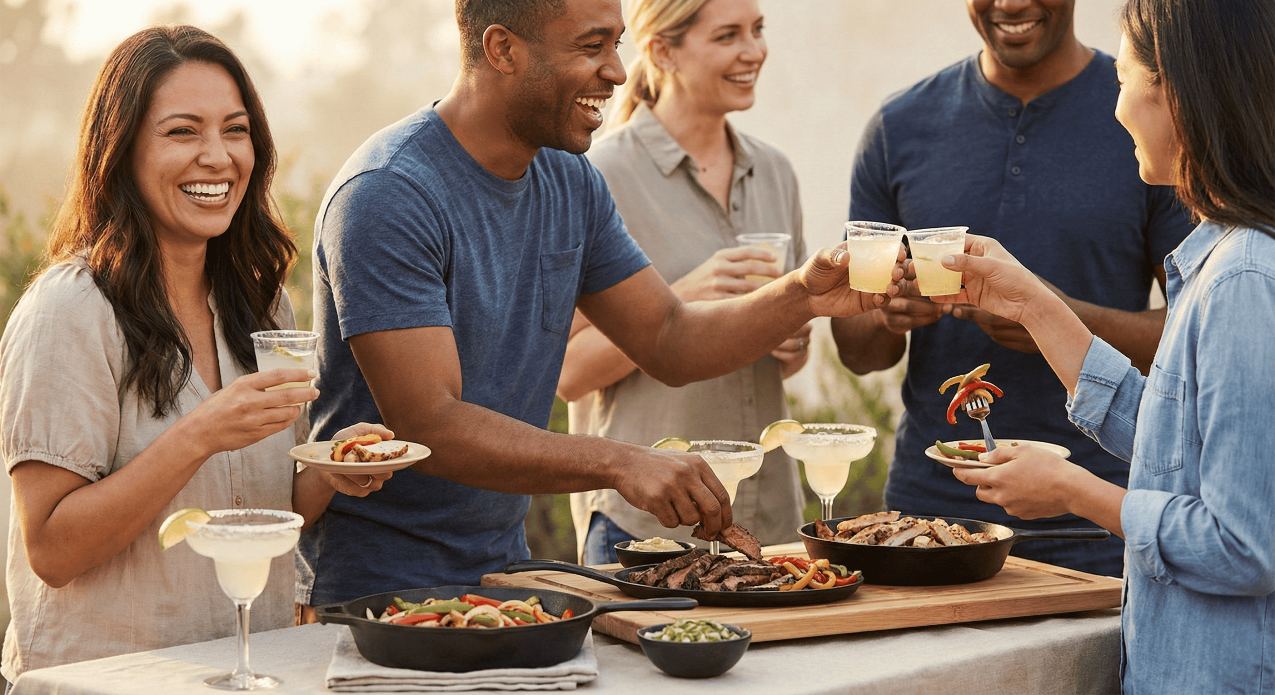 Friends laughing, enjoying outdoor barbecue, and toasting margaritas.