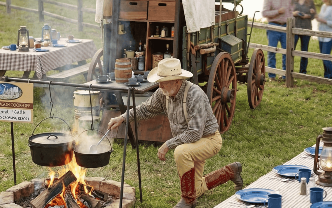 Cowboy cooking at chuck wagon cook-off, outdoor fire, rustic dining, Two Creeks Crossing Resort.