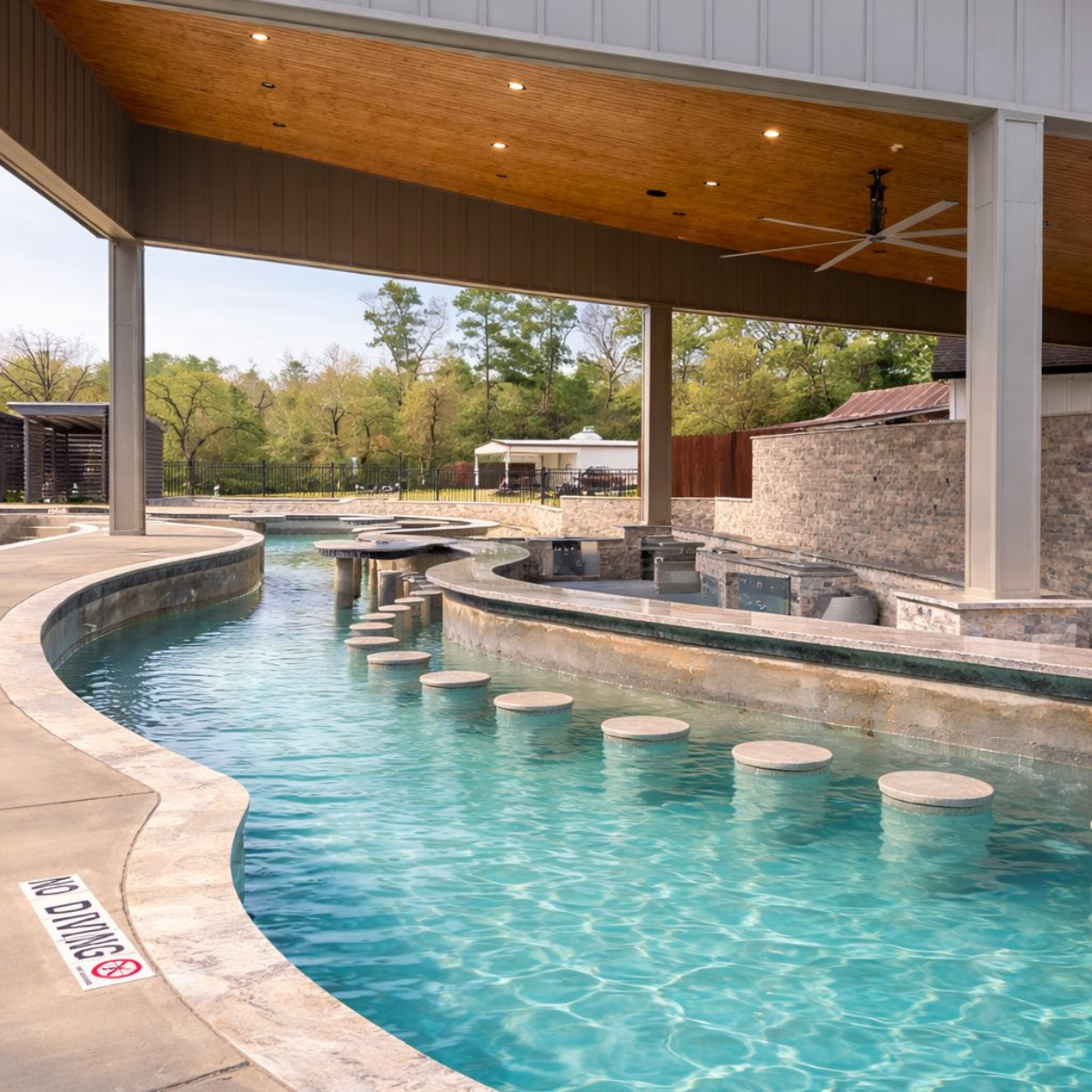 lazy river pool with stepping stones outdoor leisure area modern design amenities