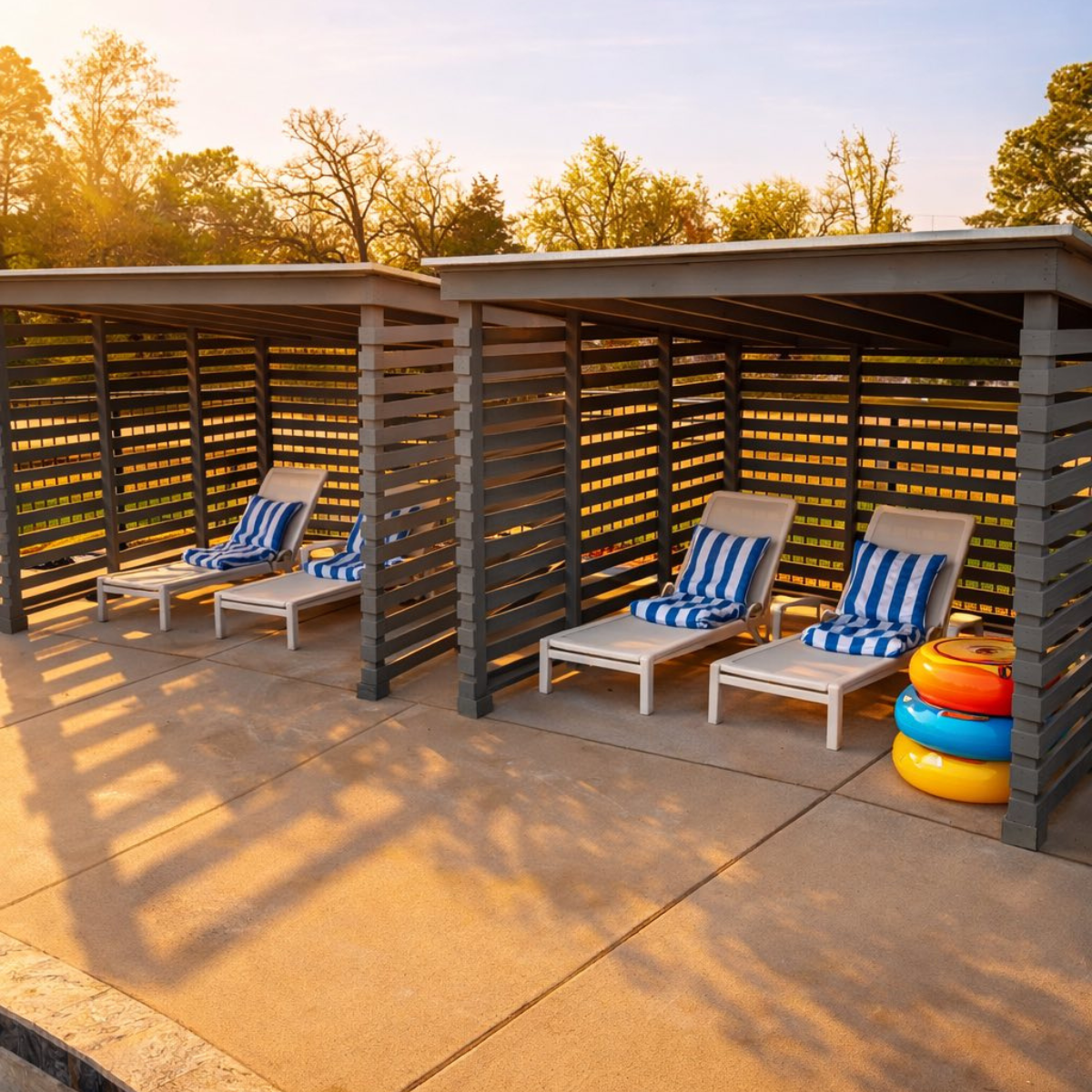 poolside cabanas with lounge chairs and colorful floaties in warm sunset light