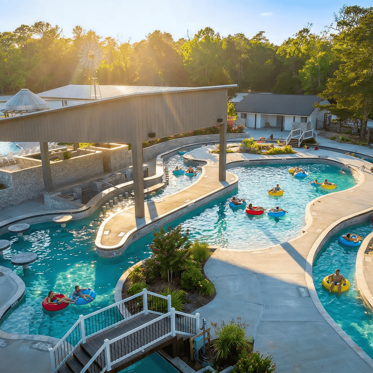 lazy river pool at sunrise swimmers in tubes surrounded by lush greenery