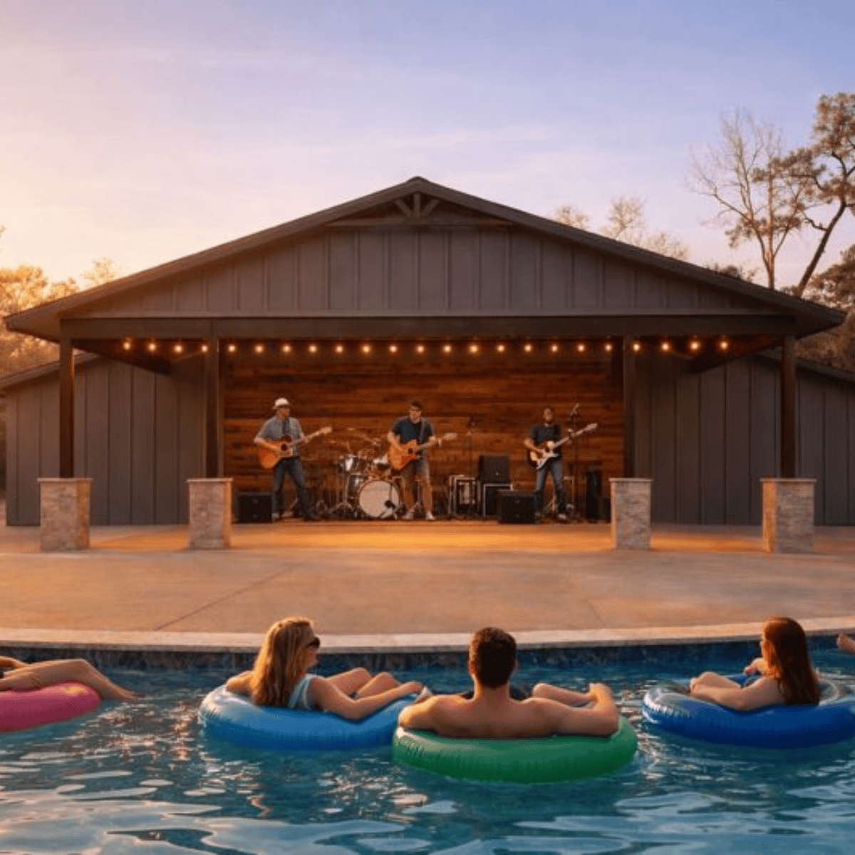 live band by poolside at sunset party people on floaties outdoor concert ambiance