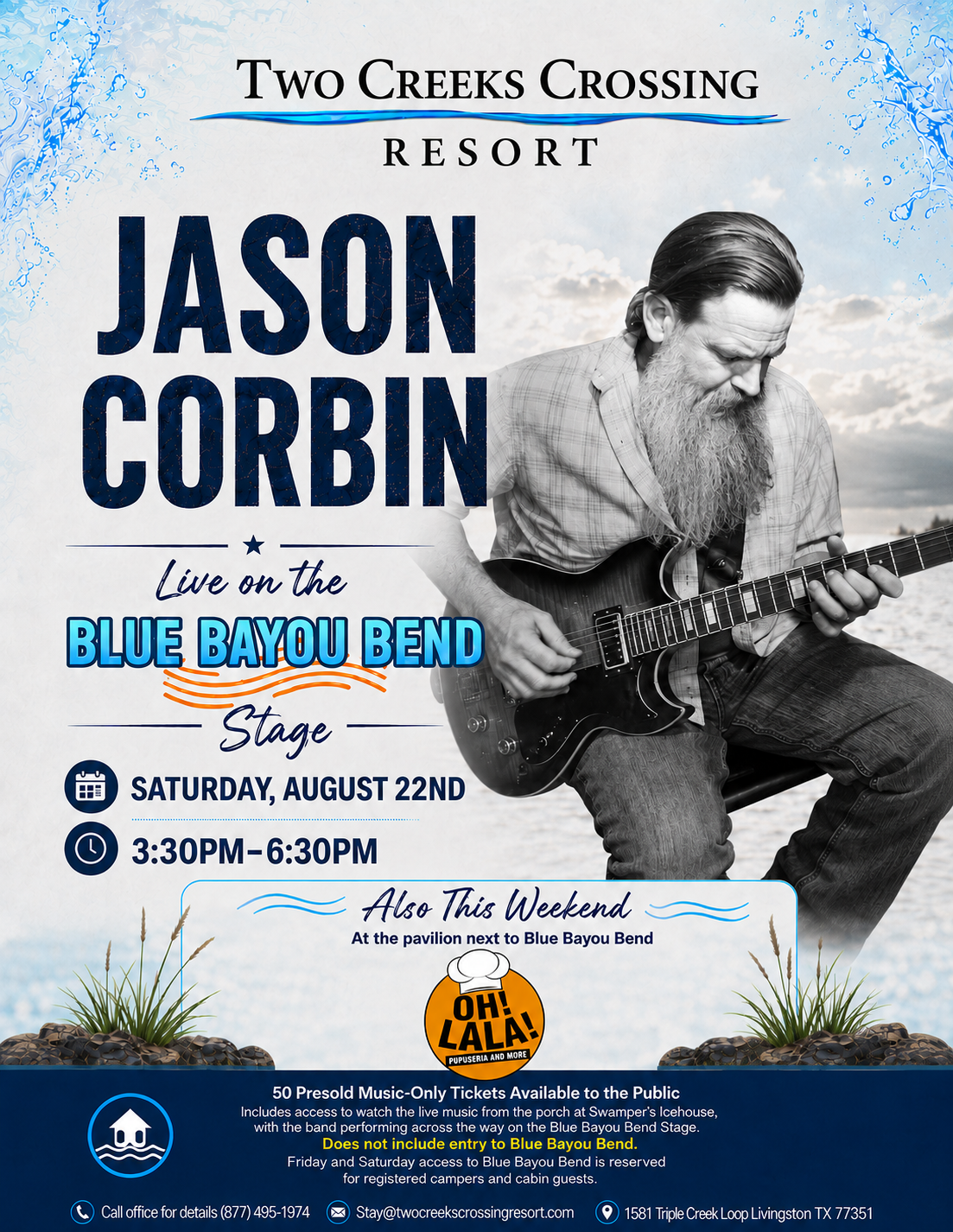 08-22-26 Jason Corbin Poster for Jason Corbin live at Blue Bayou Bend Stage, Two Creeks Crossing Resort; Sat, Aug 22, 3:30–6:30 PM.