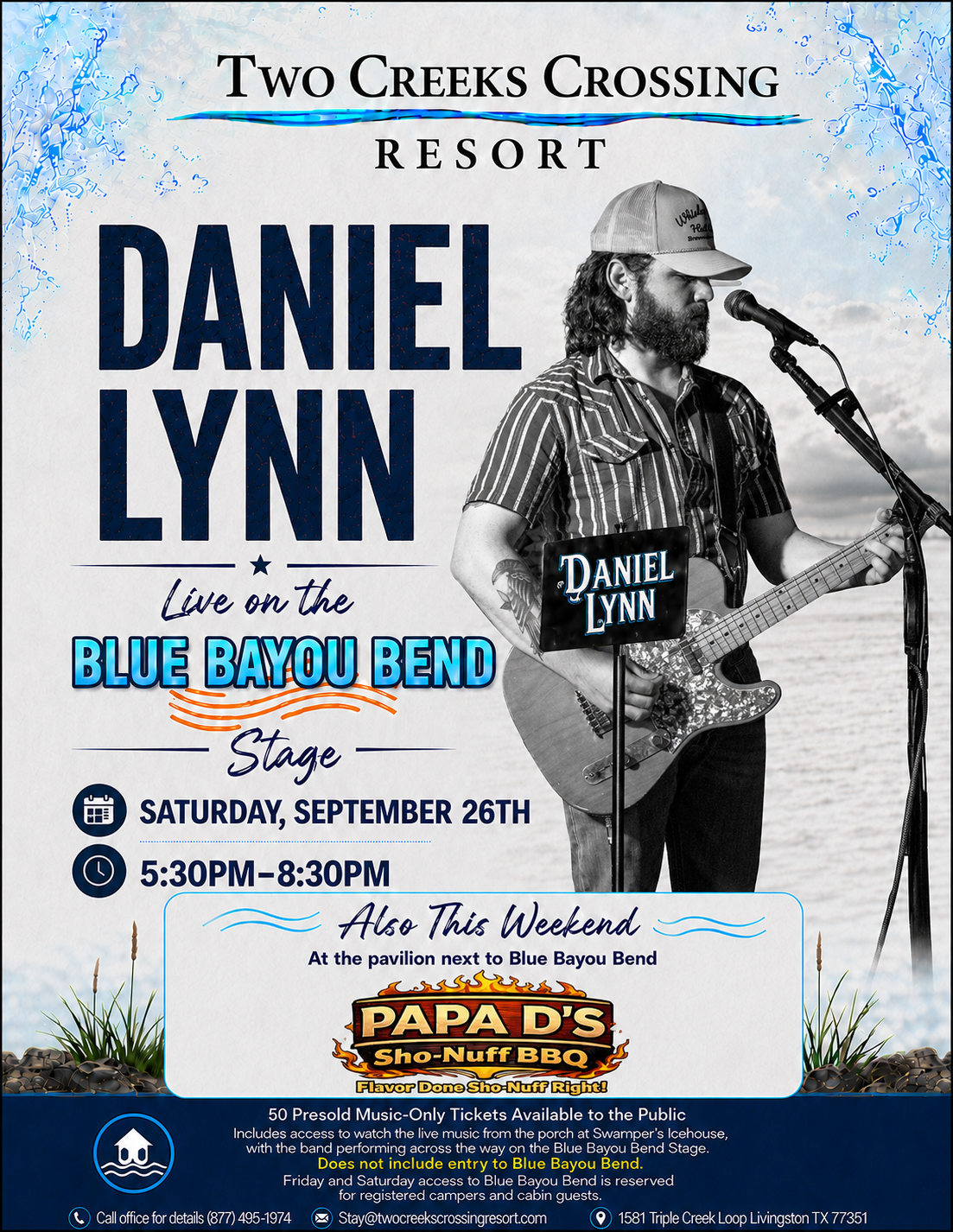 09-26-26 Daniel Lynn Event poster for Two Creeks Crossing Resort: Daniel Lynn performs on the Blue Bayou Bend Stage, Saturday, Sept 26, 5:30–8:30 PM, with Papa D's BBQ banner promotion.