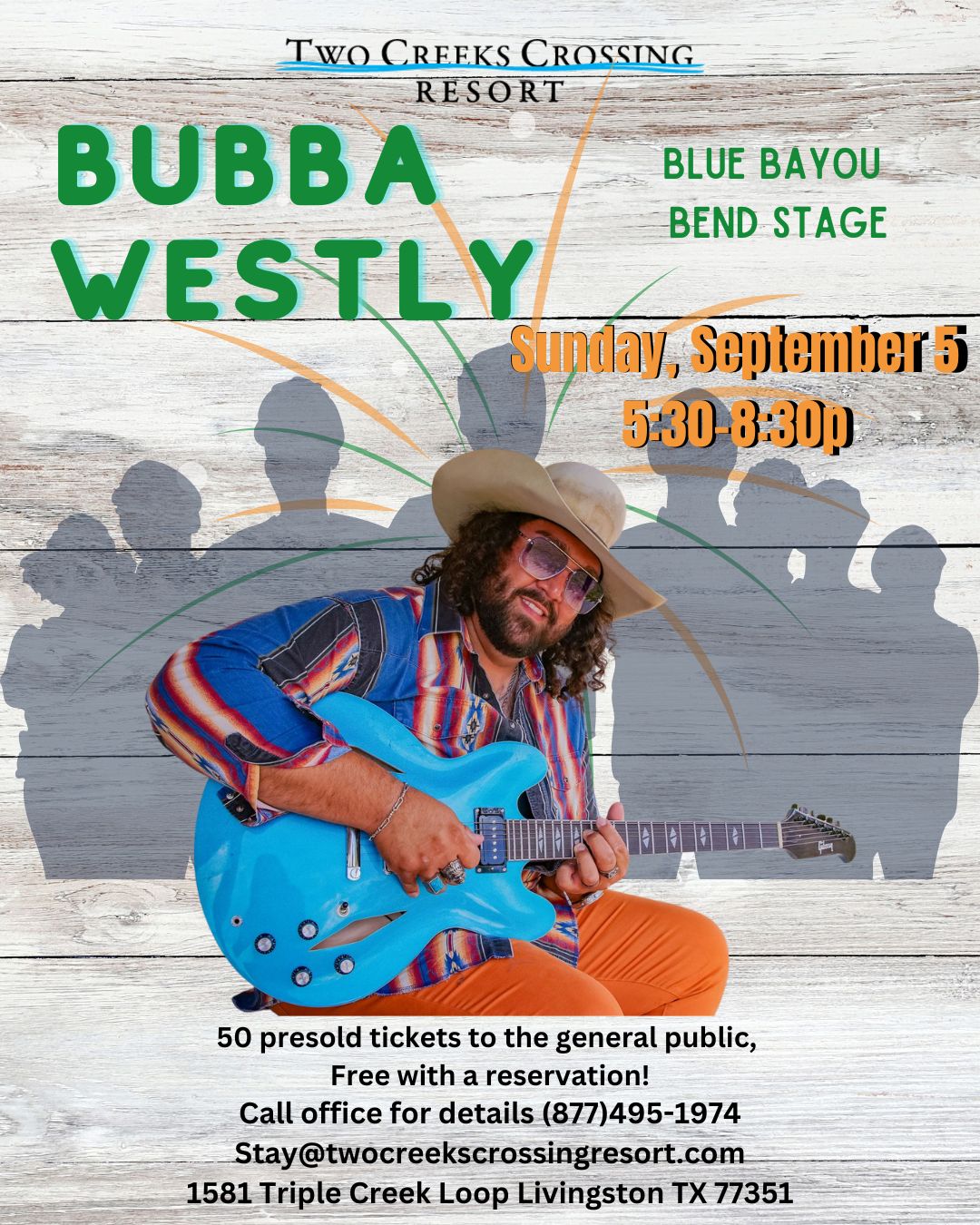 Bubba Westly live at Two Creeks Crossing, September 5, 5:30-8:30 PM, free tickets available.