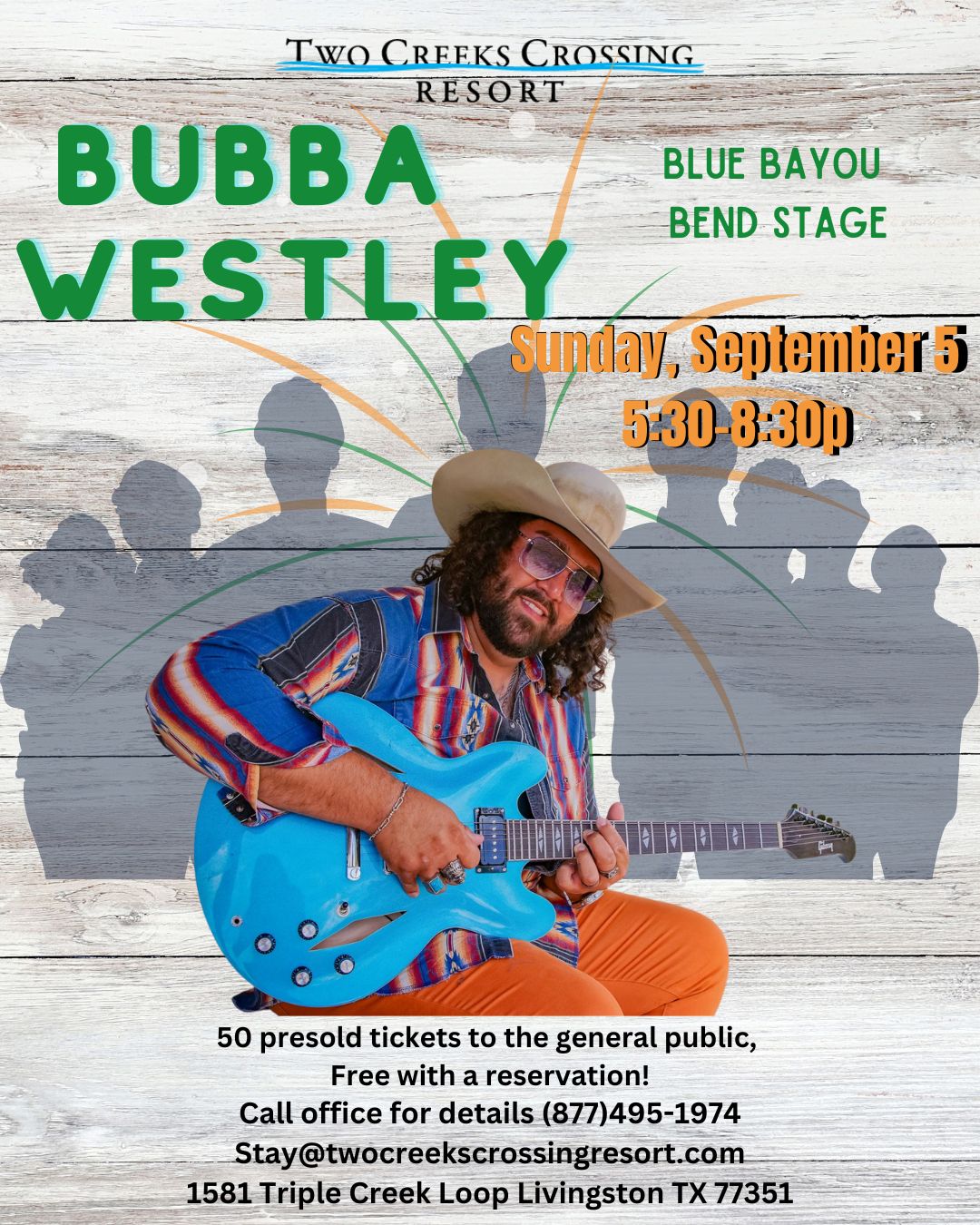 Bubba Westley live at Two Creeks Crossing Resort, Sep 5, Blue Bayou Bend Stage, free tickets!
