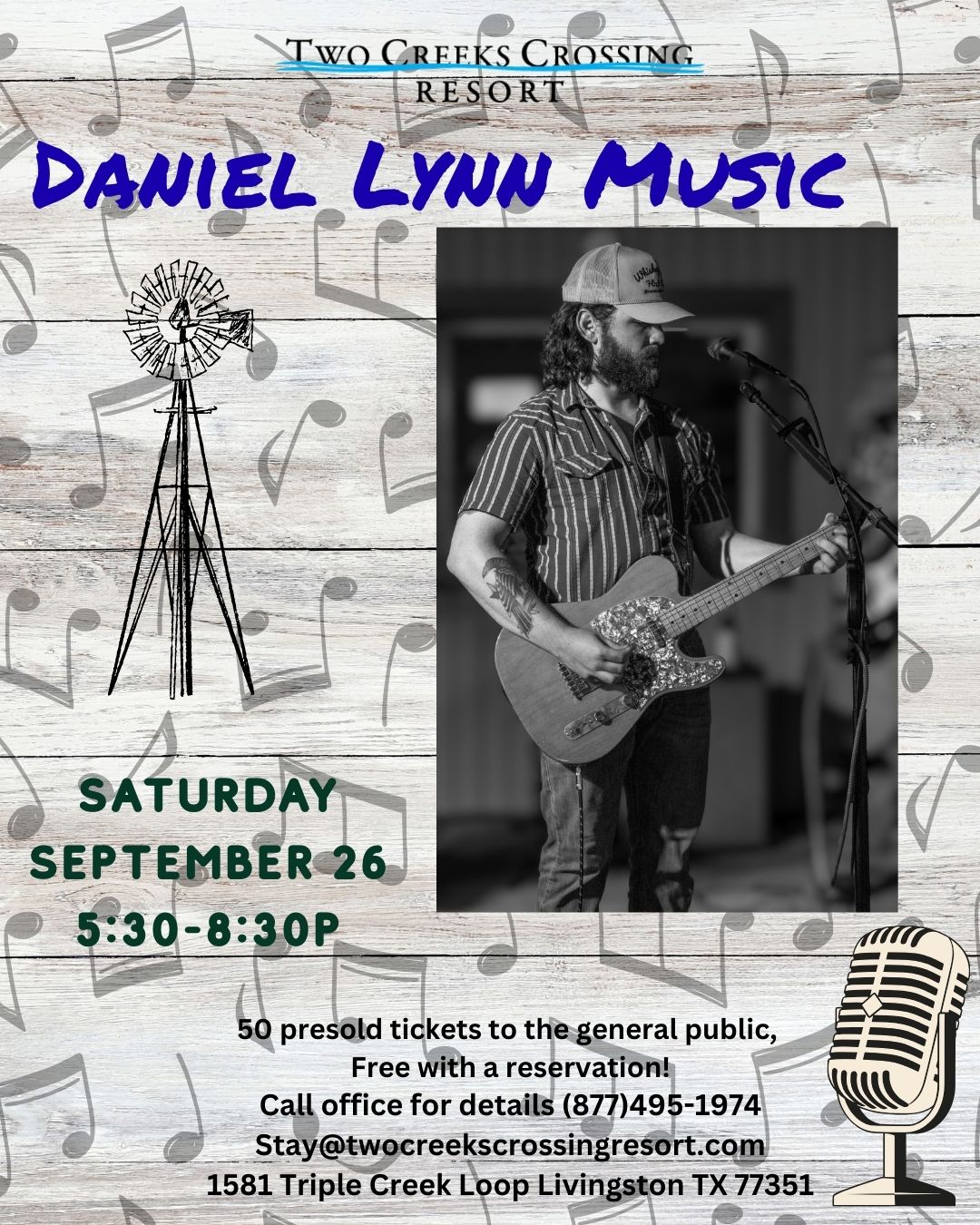 Live music with Daniel Lynn at Two Creeks Crossing Resort, Sept 26, 5:30-8:30 PM.