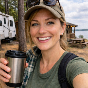 smiling woman holding a coffee cup outdoors near a lake and camping site