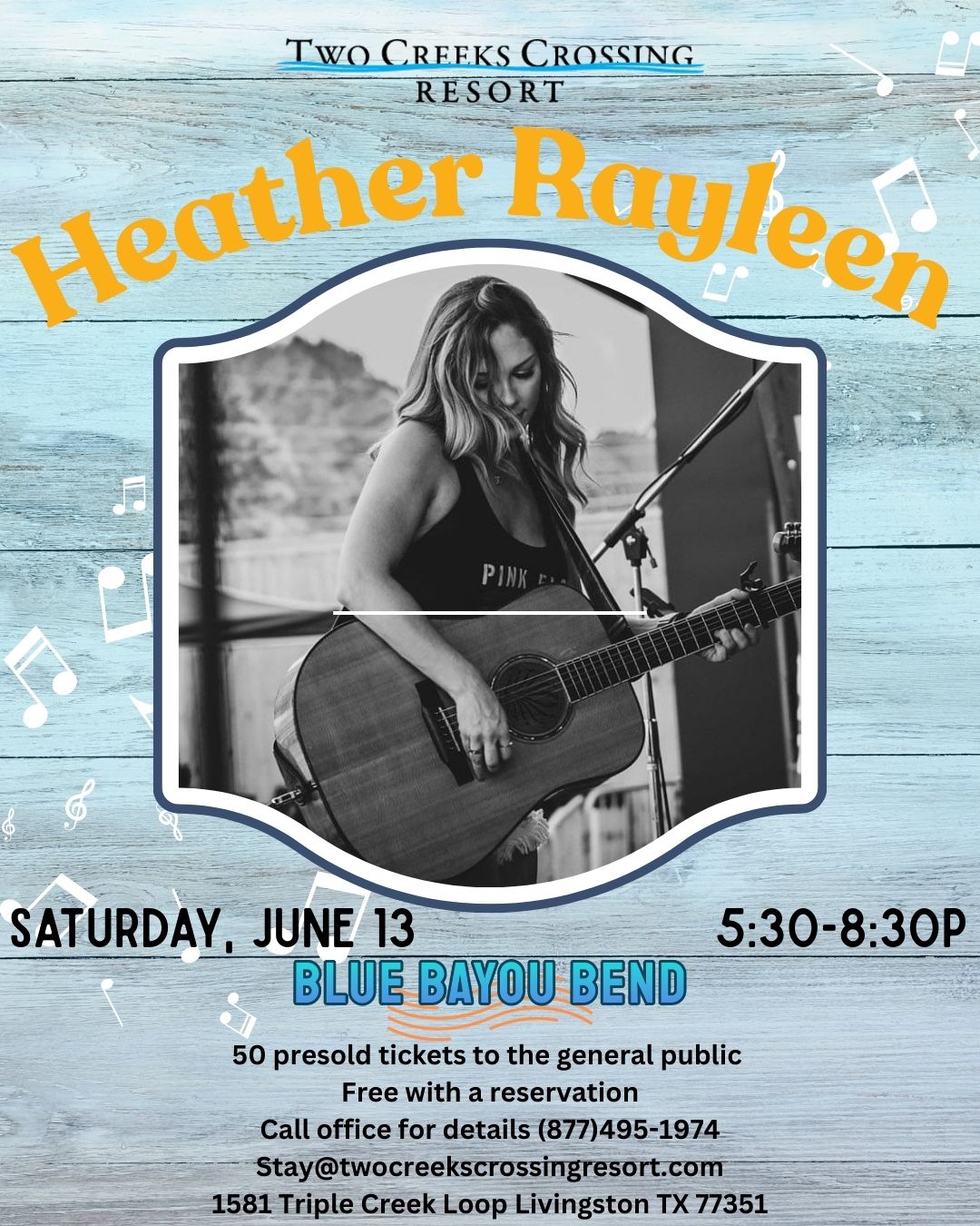 Heather Rayleen live performance at Two Creeks Crossing, June 13, Blue Bayou Bend. Free entry!