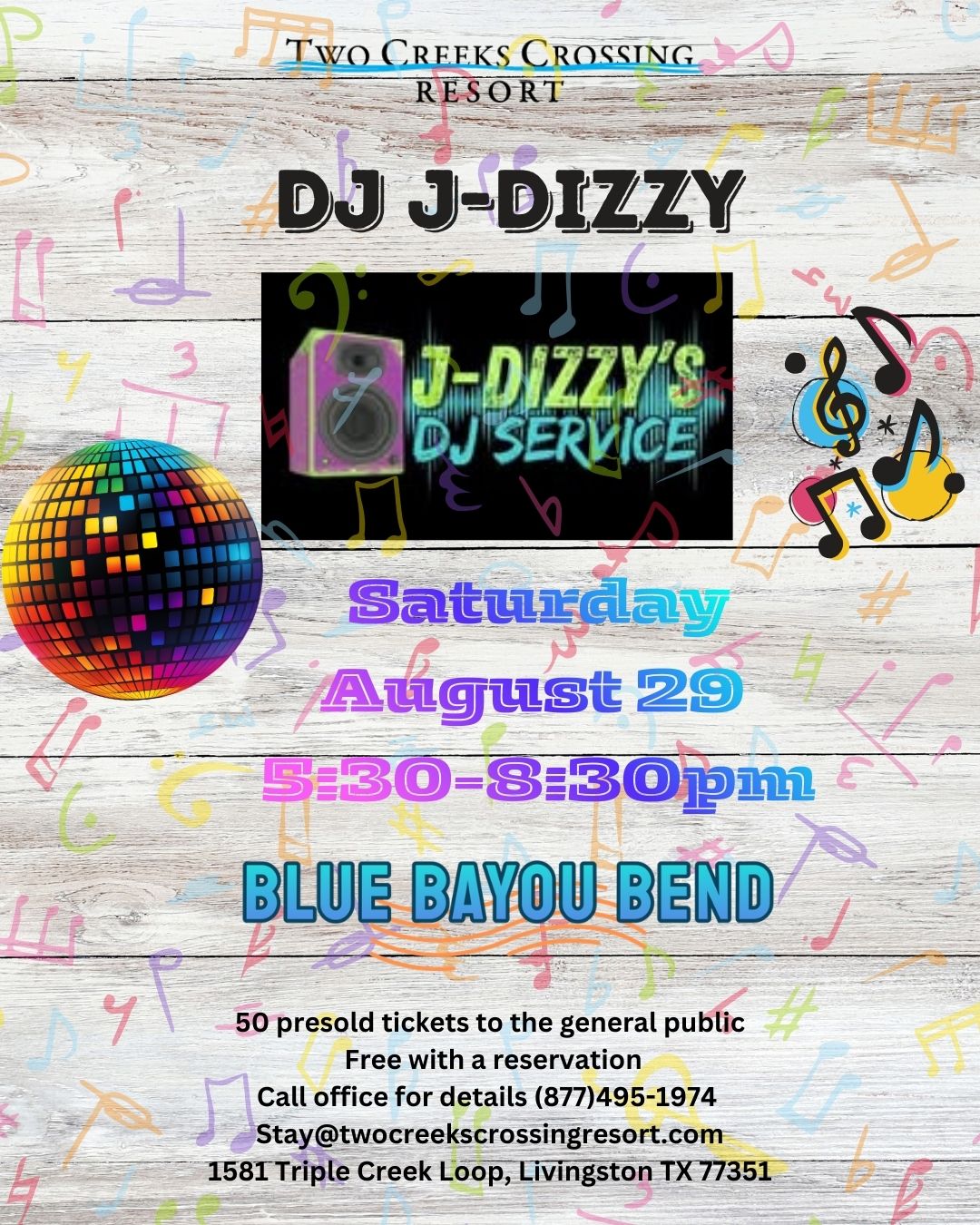JDizzy 829 DJ J-Dizzy event at Two Creeks Crossing Resort, August 29, 5:30-8:30 PM, Blue Bayou Bend.