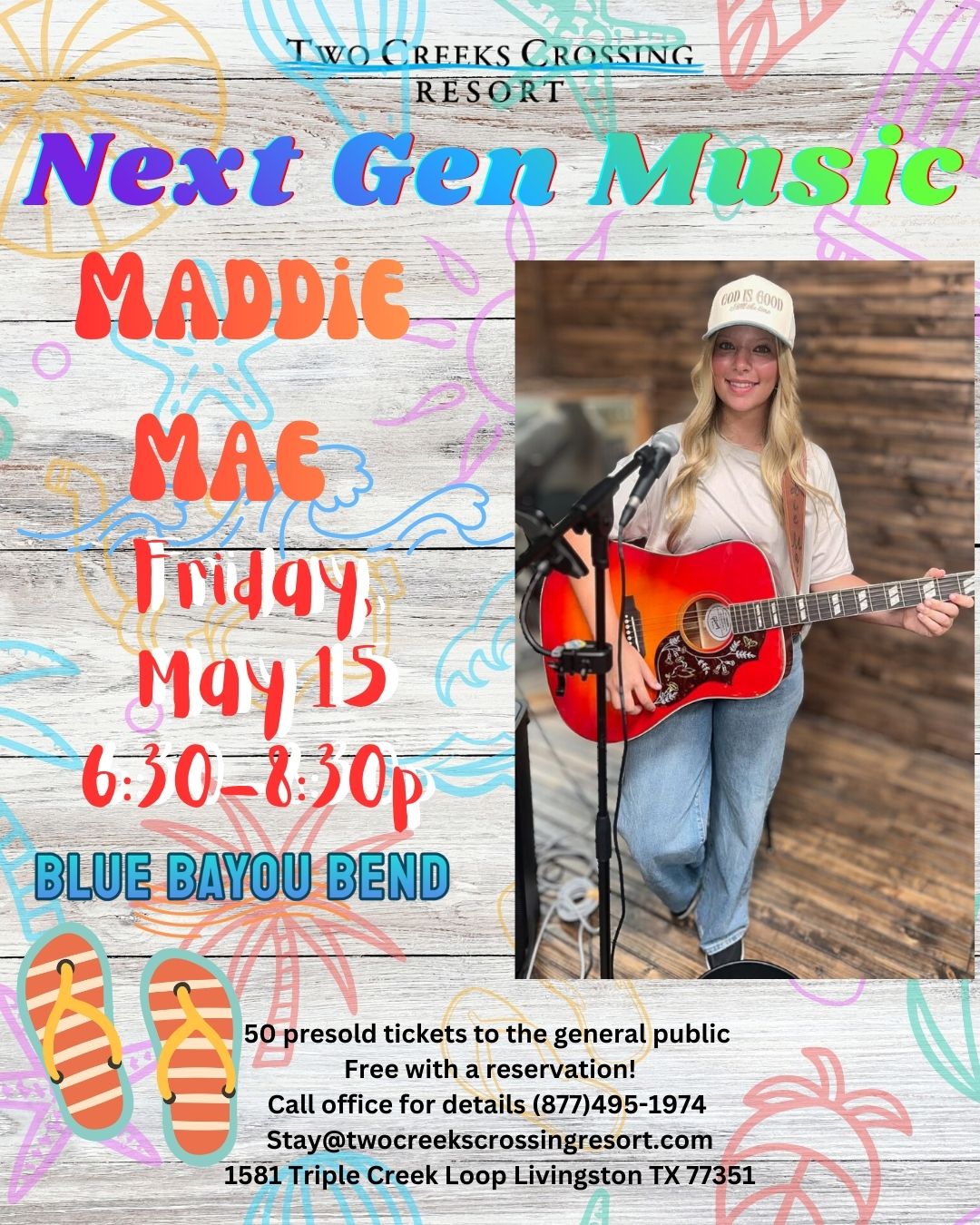 Maddie Mae performing at Two Creeks Crossing Resort, May 15, 6:30-8:30 PM. Free tickets!
