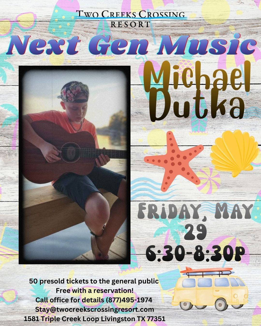 Next Gen Music with Michael Dutka at Two Creeks Crossing Resort, May 29, 6:30-8:30 PM.
