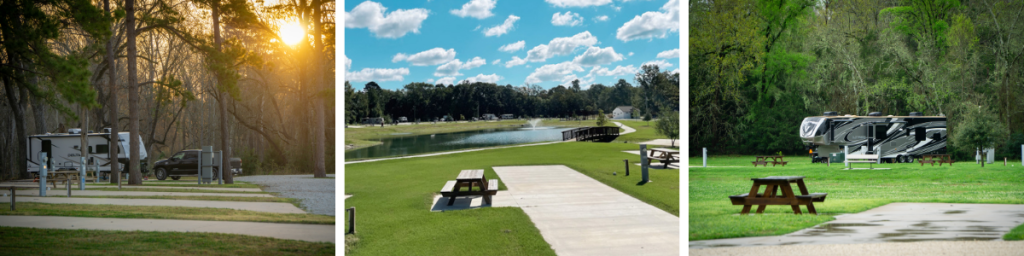scenic rv campground with sunlit paths picnic areas and a tranquil pond view