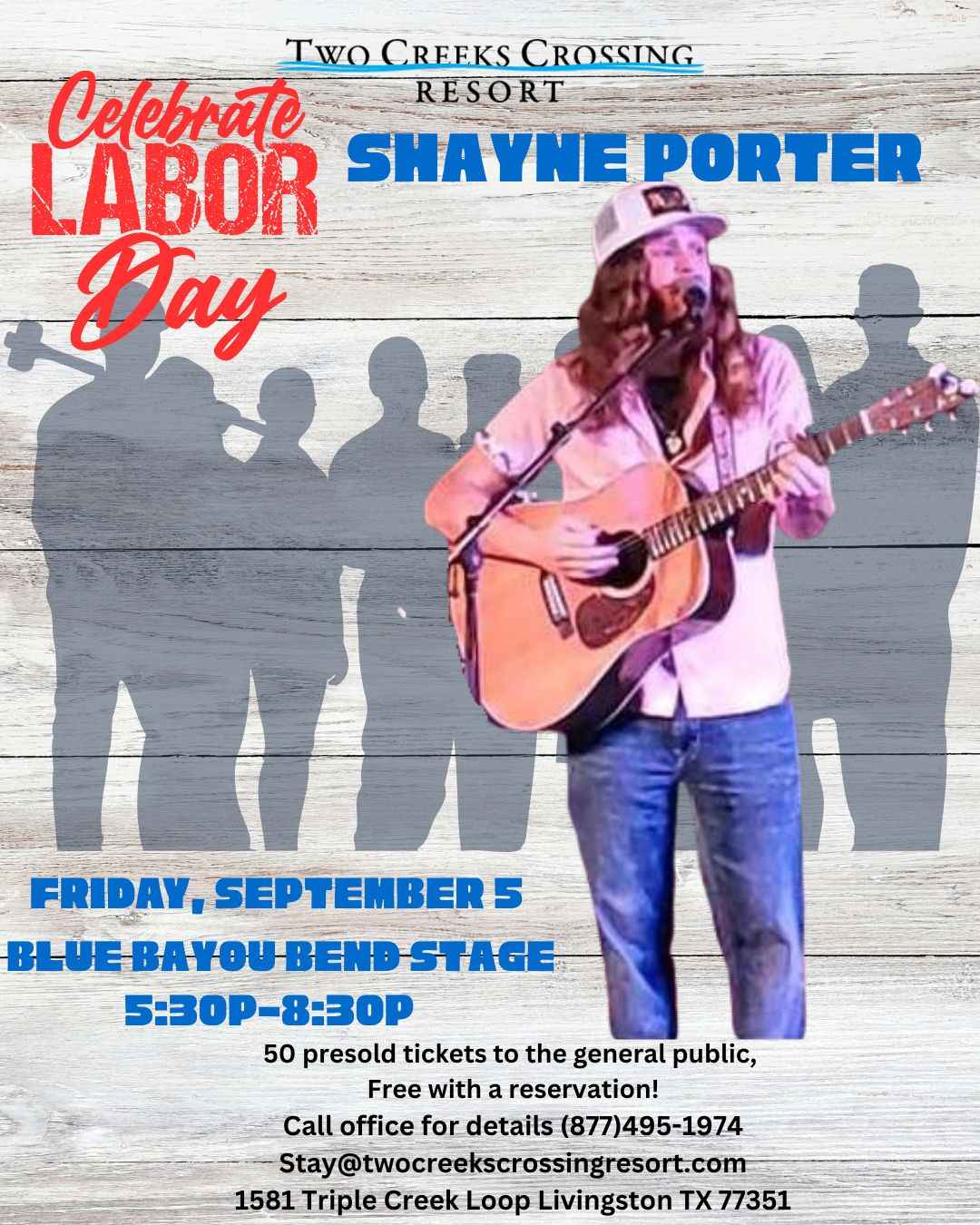 Labor Day concert with Shayne Porter at Two Creeks Crossing, September 5, 5:30-8:30 PM.