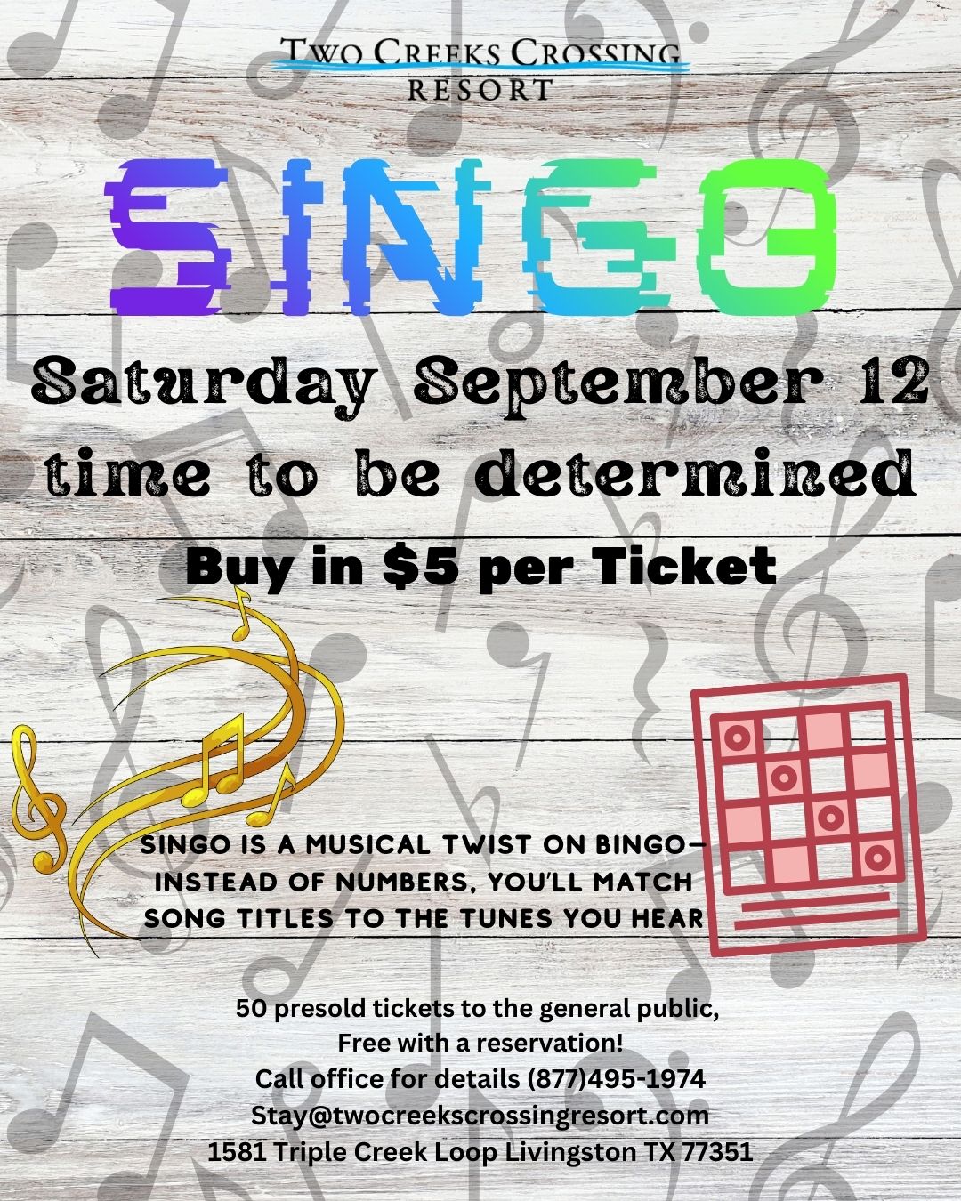 Join SINGO at Two Creeks Crossing Resort on September 12 for a musical bingo experience!