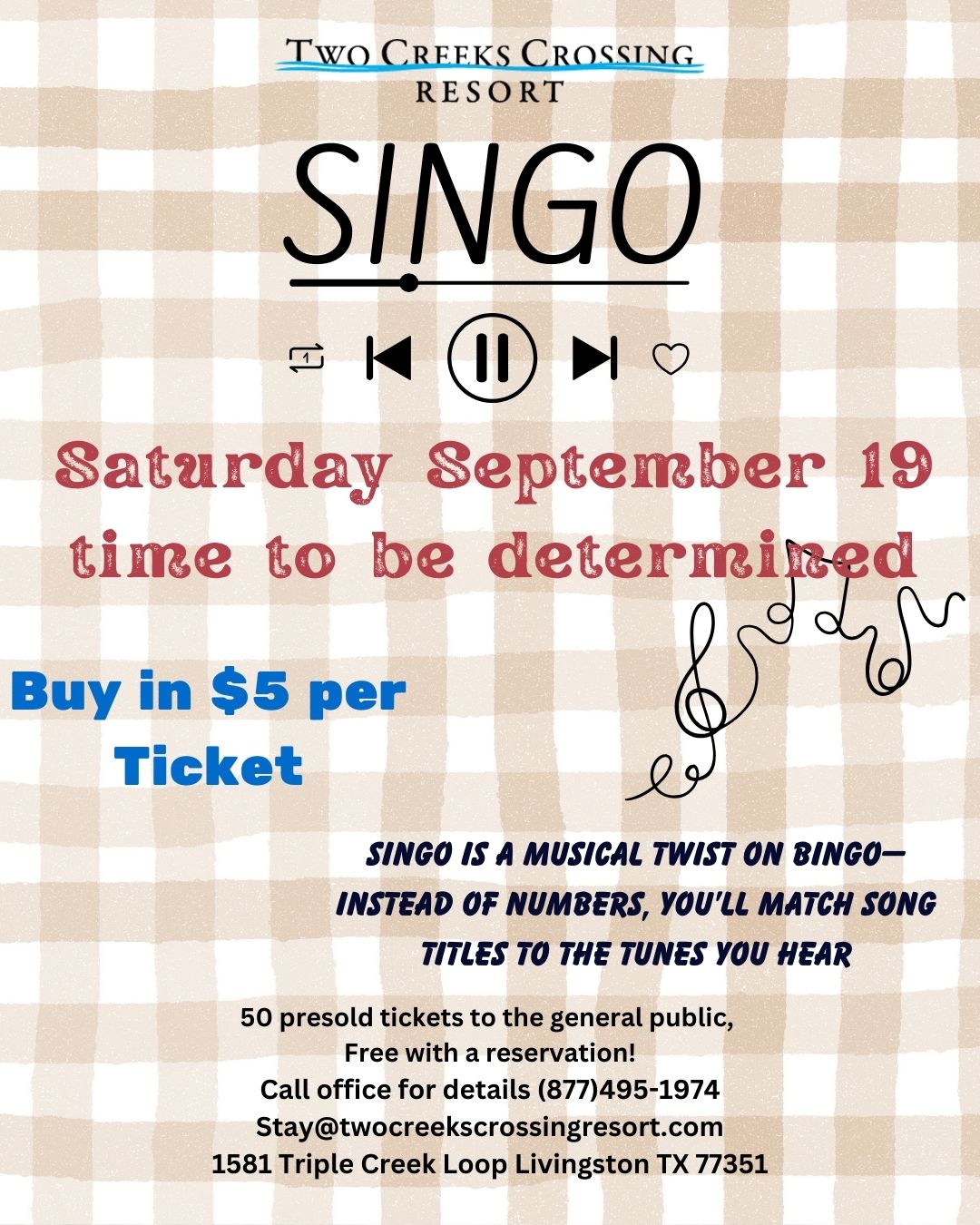Singo event at Two Creeks Crossing Resort, September 19, $5 tickets, musical bingo fun.