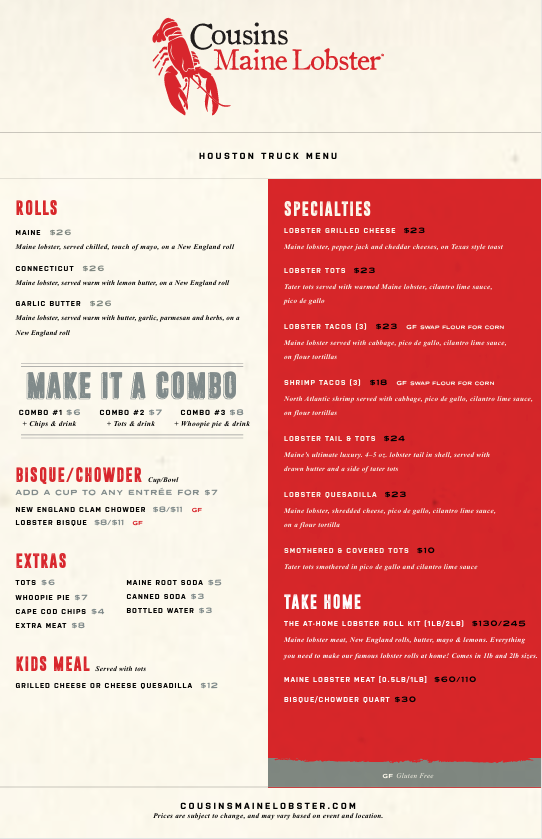 cousins maine lobster houston menu rolls specialties combos bisque kids meals takeout