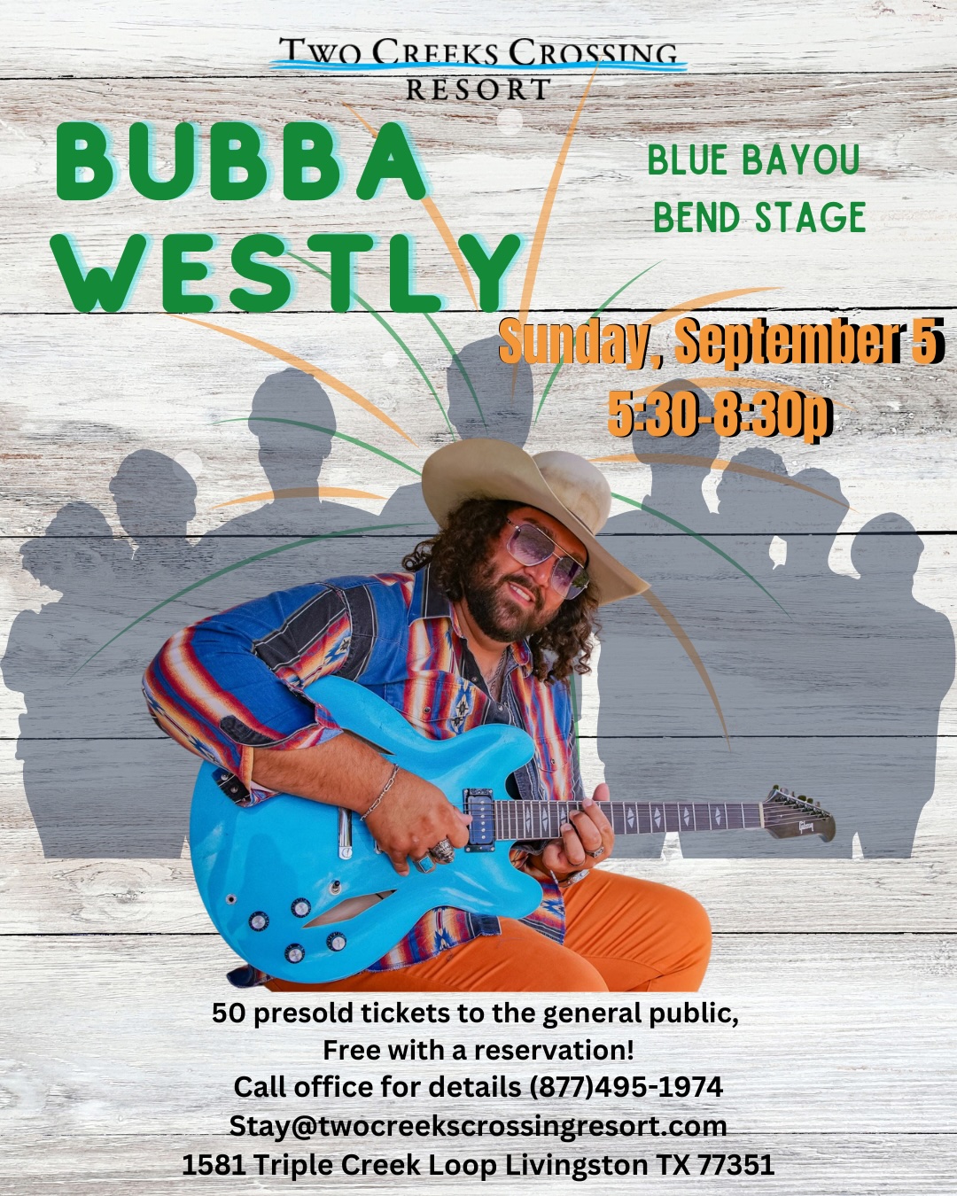 Bubba Westly 9626 Labor Day Bubba Westly live at Two Creeks Crossing, September 5, 5:30-8:30 PM. Free tickets available!