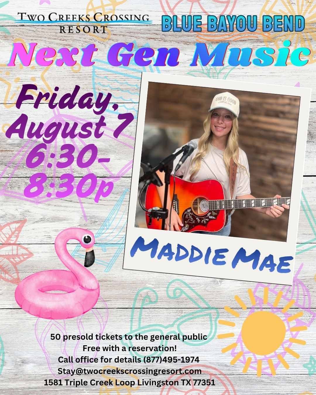 Maddie Mae 8726 Next Gen Music event at Two Creeks Crossing featuring Maddie Mae, August 7, 6:30-8:30 PM.