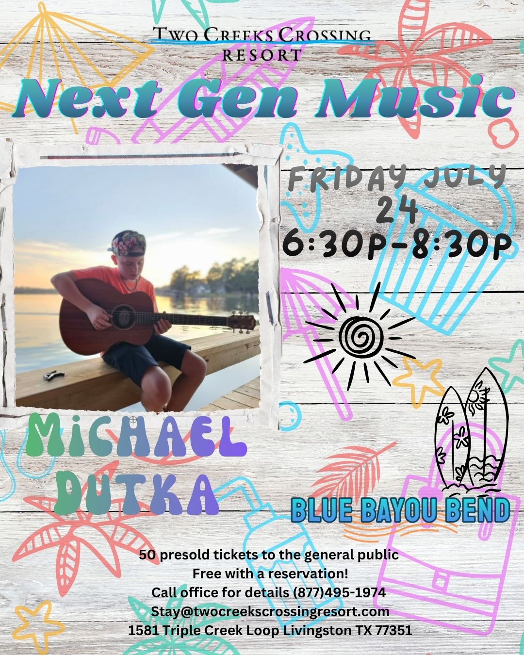 Next Gen Music event at Two Creeks Crossing, featuring Michael Dutka, July 24, Blue Bayou Bend.