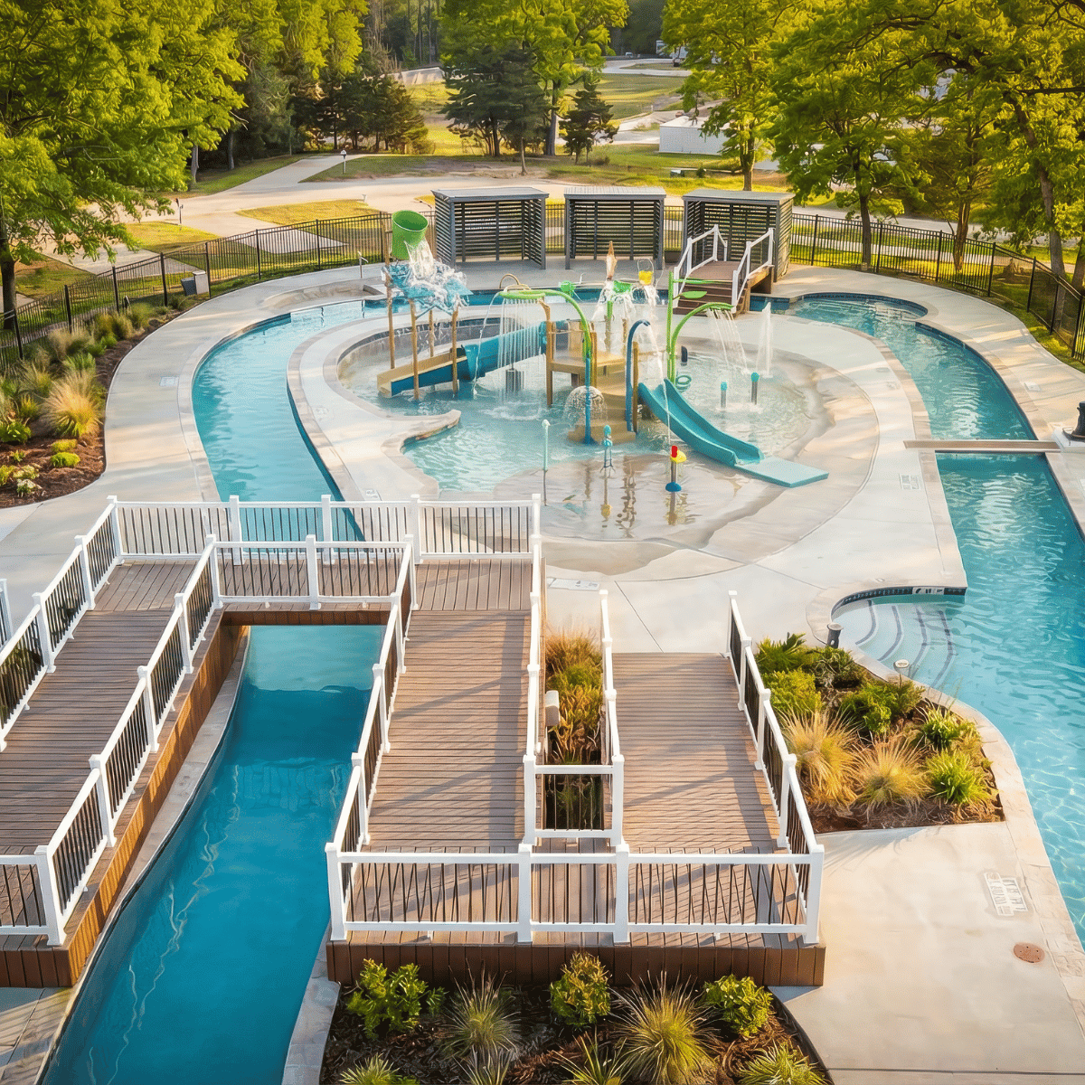 aerial view of a splash pad and pool area with colorful water play structures and winding blue slides surrounded by wooden walkways and green landscaping