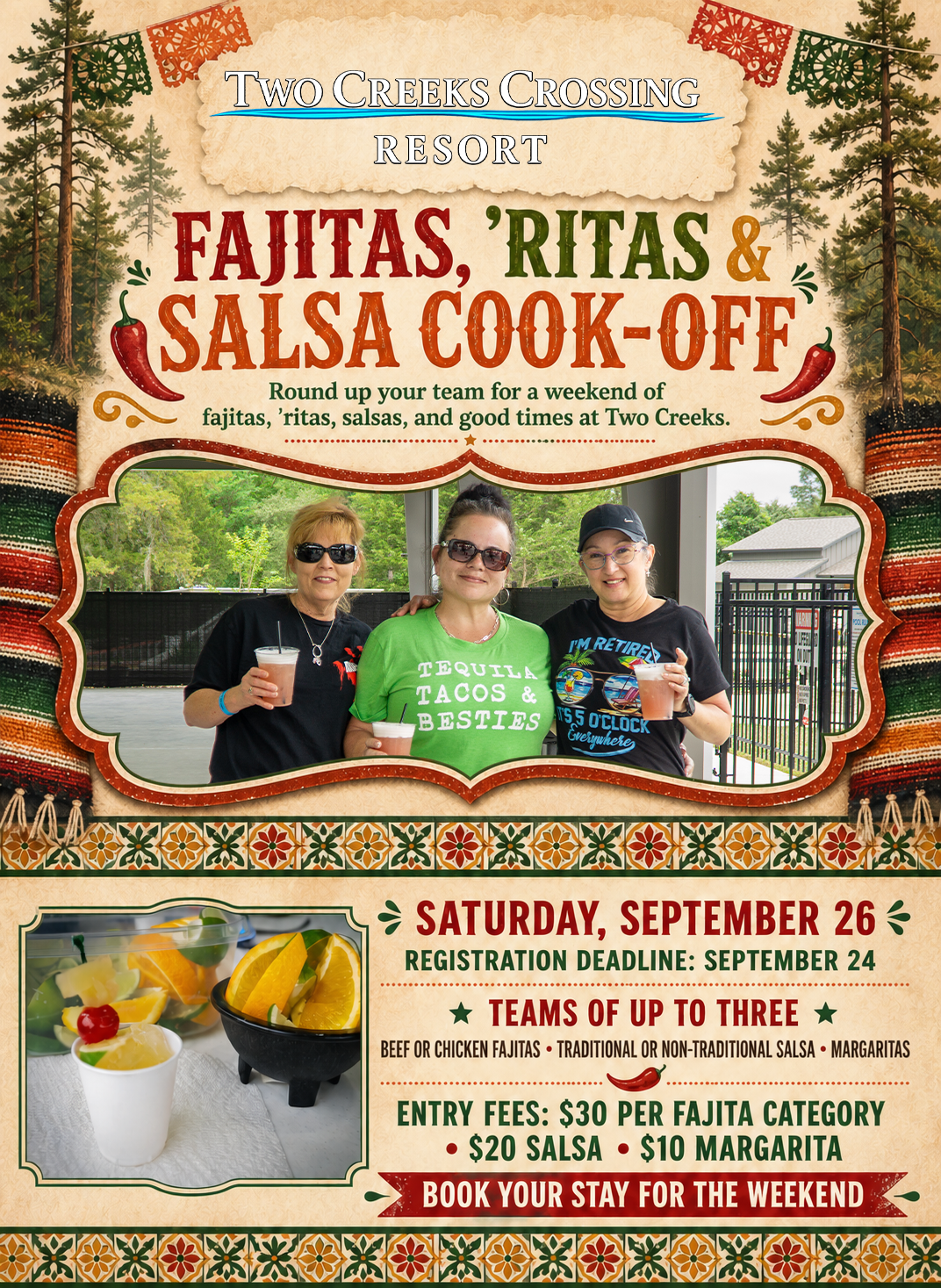 09-26-26 Fajita Cook Off Poster for Two Creeks Crossing Resort Fajitas, Ritas & Salsa Cook-Off; three women posing with drinks in front of the event banner.